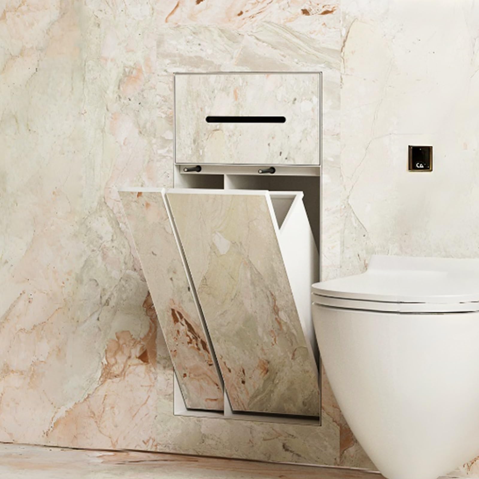 Nicho Oculto para Papel higiénico con Estante y Cubo de Basura, | Con cubo de basura oculto y soporte para papel higiénico,Requiere Panel (no Incluido),para reformas de Pared(Wit,34*64*14cm)