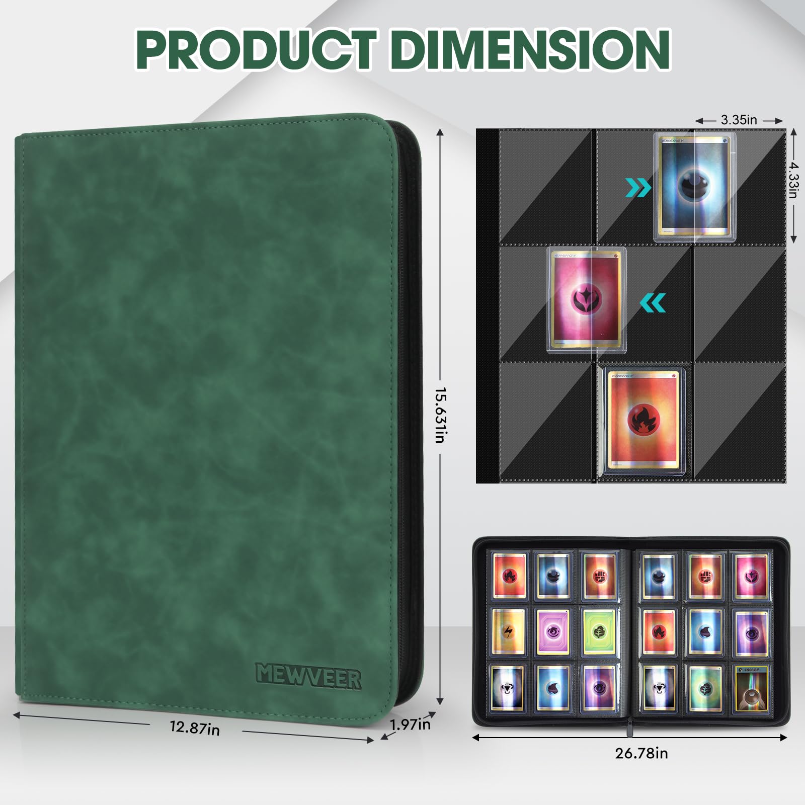 Raccoglitore Carte, Album Top Loader Card Binder Contiene 252 Top Loaders, 9 Tasche, Raccoglitori Carte Collezionabili per Carta YGO/MTG/TCG, Verde Scuro (Non per carte SENZA un Top Loader)