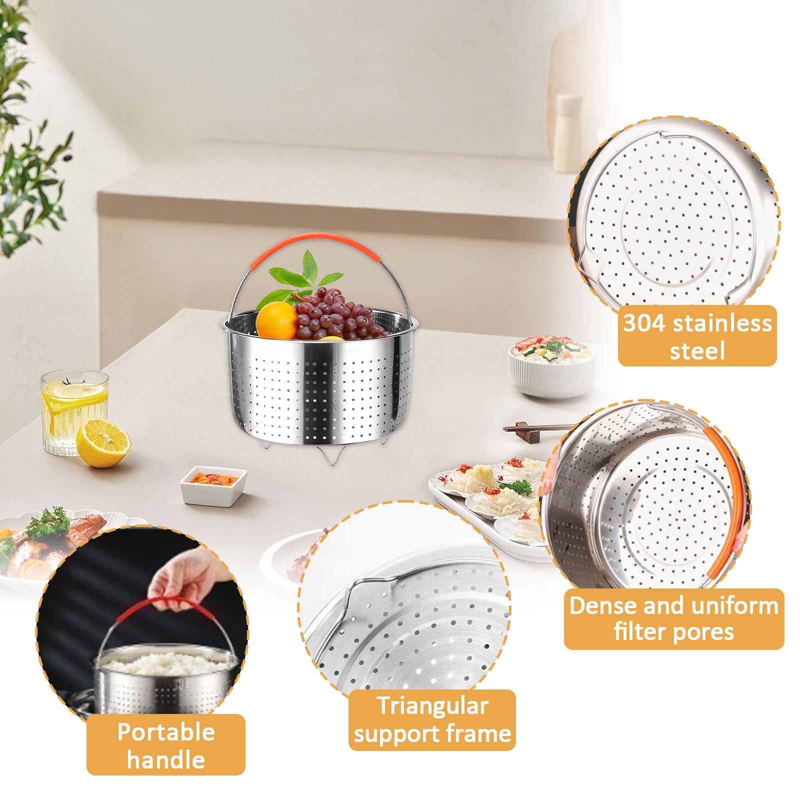Cesta de Vapor Acero Inoxidable, 20cm+16cm Vaporera Multiusos con Mango de Silicona, Cesta de Cocción para Verduras, Huevos, Pescado