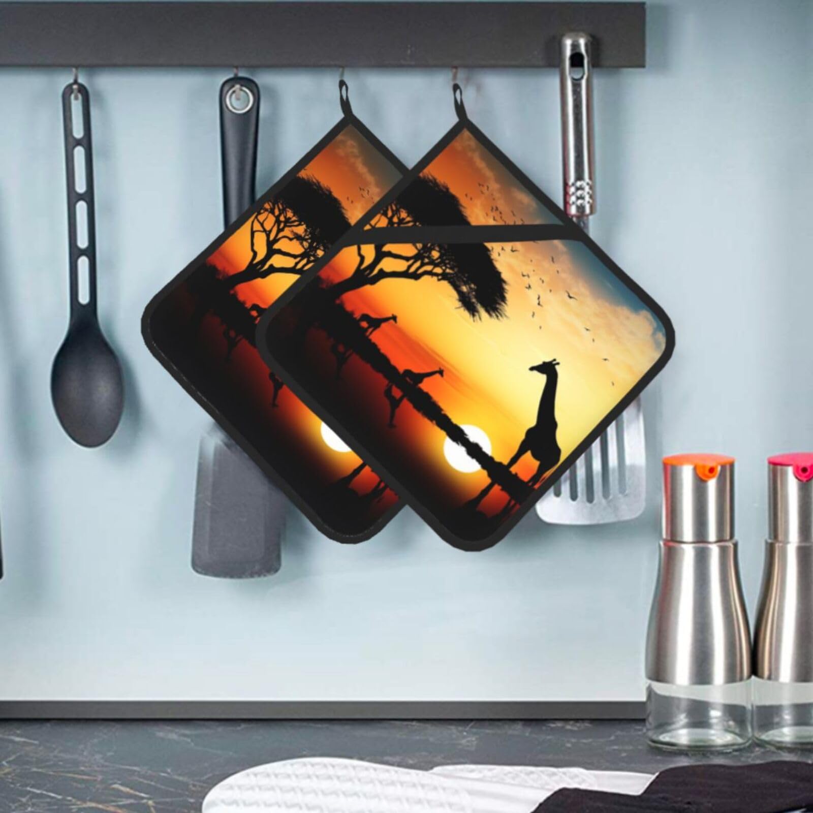 2 Pcs Pot Holders for Kitchen Heat Resistant Cotton Potholers Giraffe Sunset Oven Hot Pads for Microwave Cooking Baking BBQ