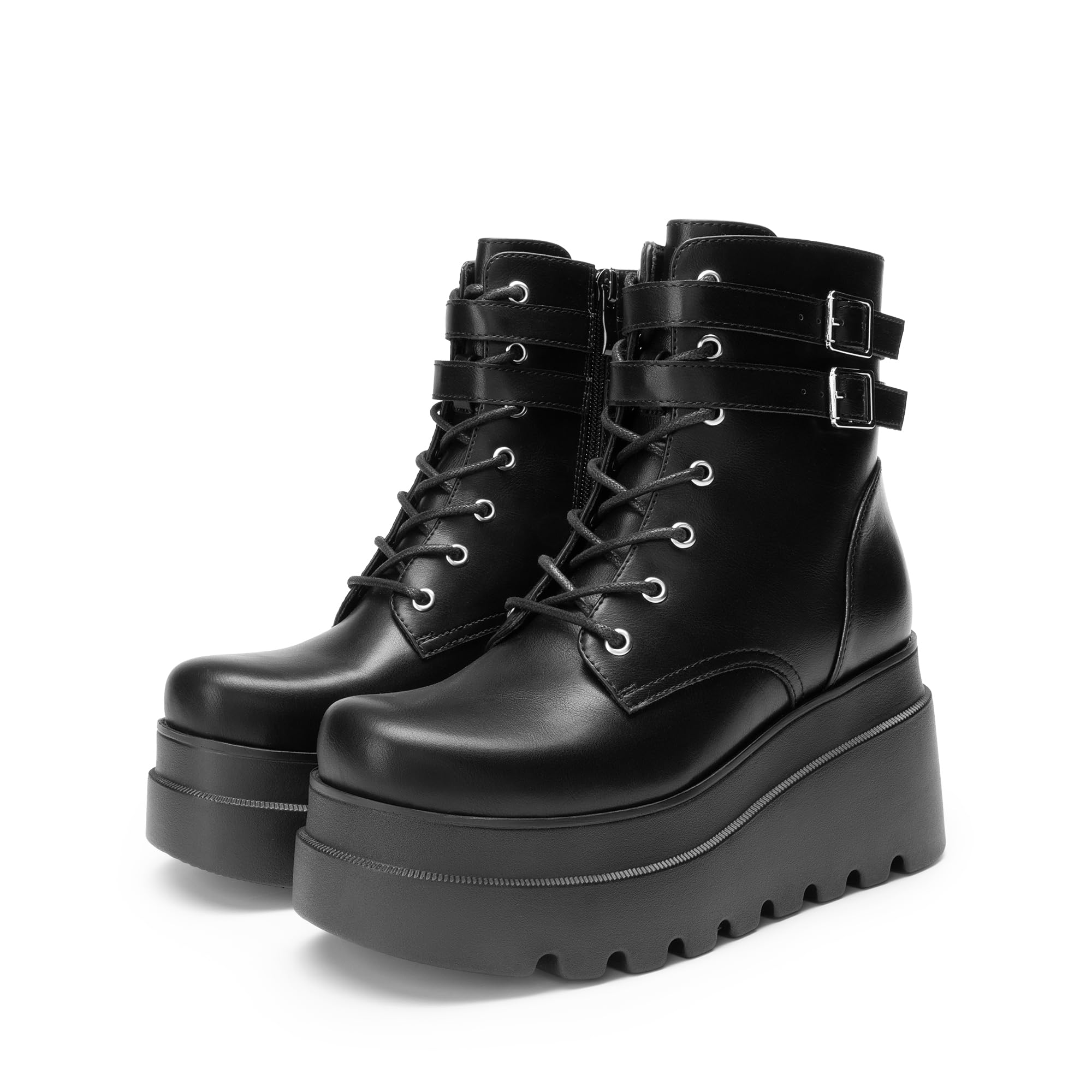 DREAM PAIRS Botines de combate de plataforma para mujer, estilo gótico, tacón alto, con cordones, para motocicleta