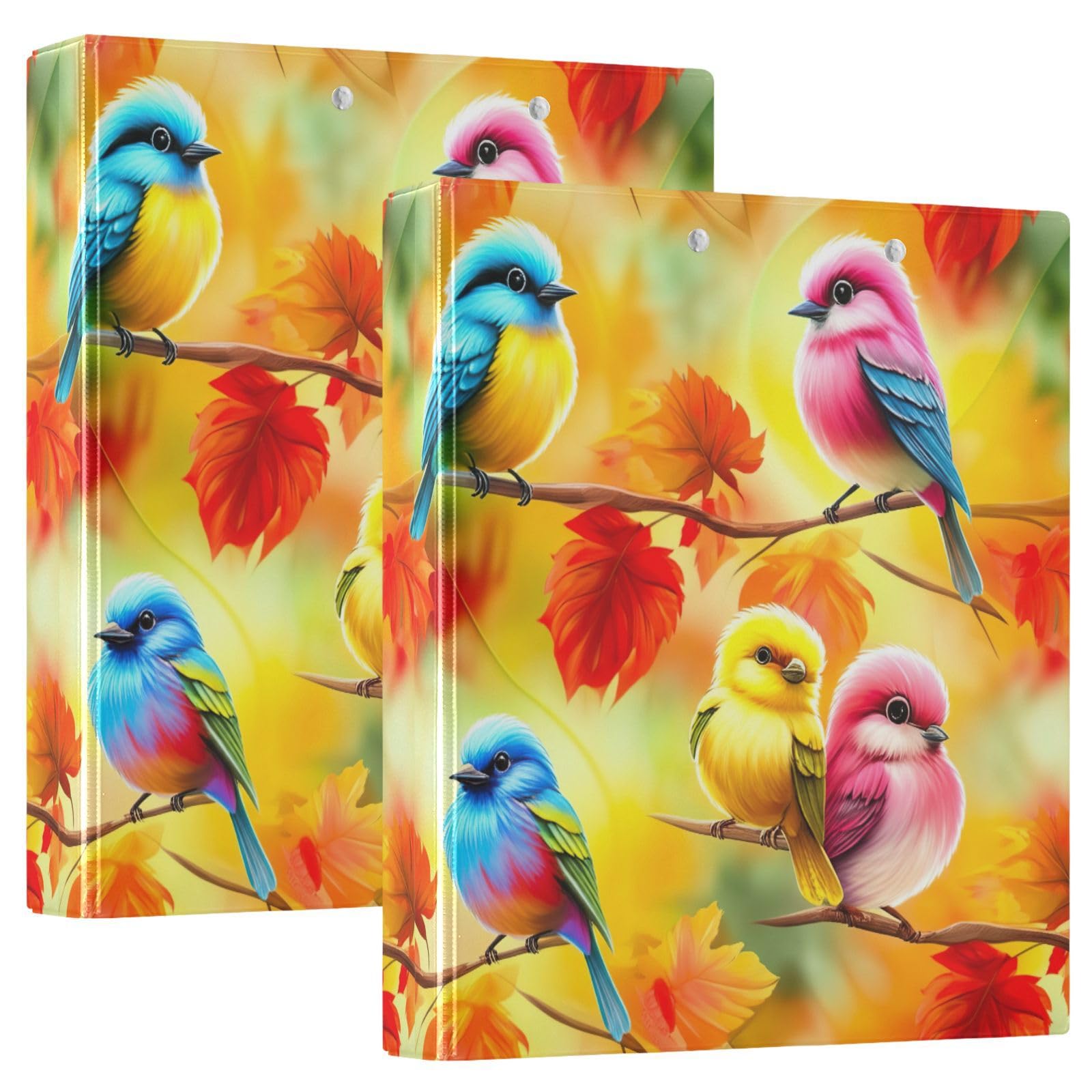 Cute Birds - Raccoglitore a 3 anelli con 3 anelli, 3,8 cm, con portablocco grande, 3 raccoglitori per scuola, università, ufficio (confezione da 2)