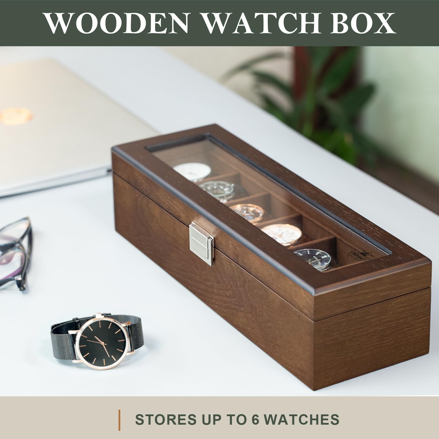 Slege Uhrenbox aus Holz mit 6 Fächern,Uhrenetui für Herren,komplett mit Samt Ausgekleidet,Uhrenhalter Glasplatte & Uhrenkissen,Uhrengehäuse-Organizer als Geschenk für Herren und Damen(Braun) Watch Box