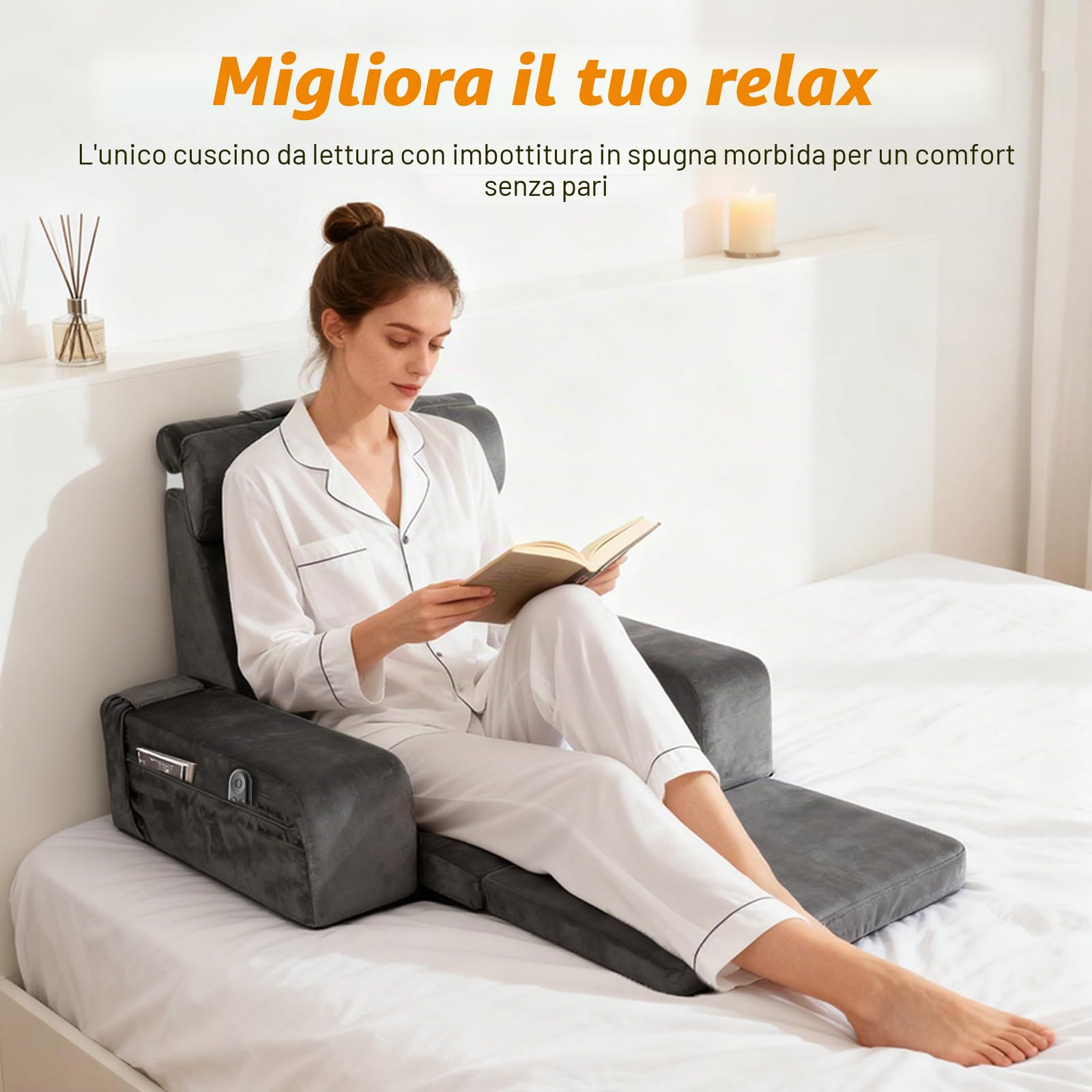 Grande cuscino da lettura con cuscino cervicale rimovibile e bracciolo, ossa di lettura per adulti con rivestimento lavabile a fibra lunga, cuscino ergonomico per schienale per la lettura