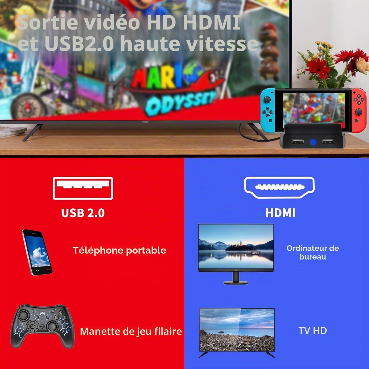 PowerLead Switch Dock pour Nintendo Switch OLED - Station d'accueil portable HDMI 4K - Adaptateur TV de voyage avec support de charge haute vitesse et port USB-C