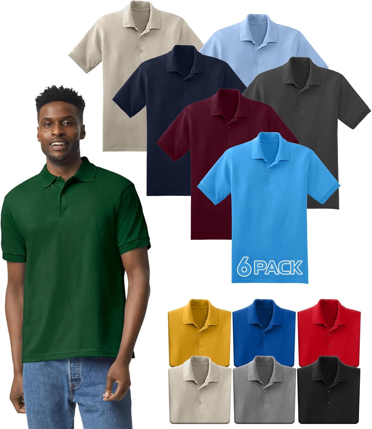 Men's Jersey Polo Shirt Multipack, G880 Unisex DryBlend Short Sleeve Plain Polo Bulk - Custom Color Set - Golf Shirts for Men