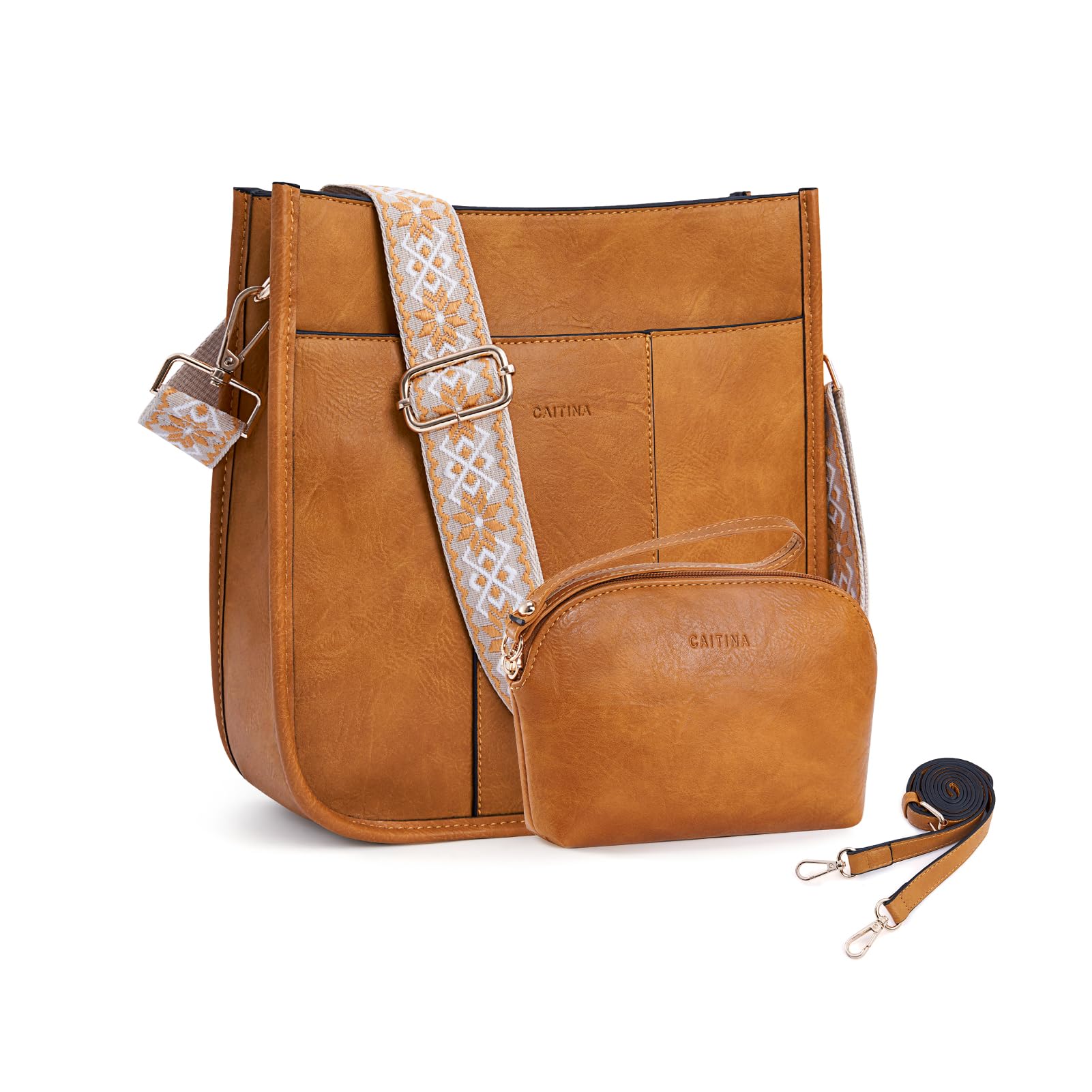 Caitina Women's Shoulder Handbags Purse Set With 2PCS Strap Vegan Leather Hobo Crossbody Bags For Women Small Tote Bags Set