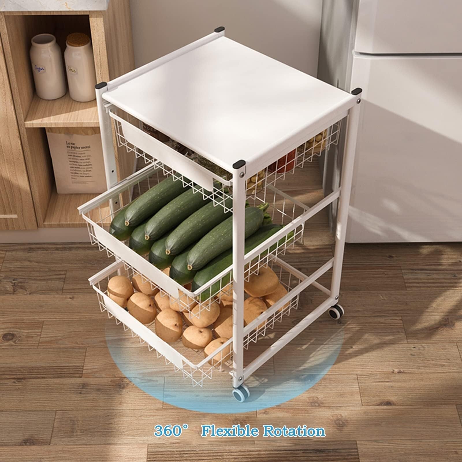 Küchewagen mit Rollen, Rollwagen Lagerwagen Aus Kohlenstoffstahl, Für Die Küche, Beweglicher Rollwagen, Schubladen-Lagerregal Für Obst Und Gemüse Mobiler Servierwagen(3 Tier)