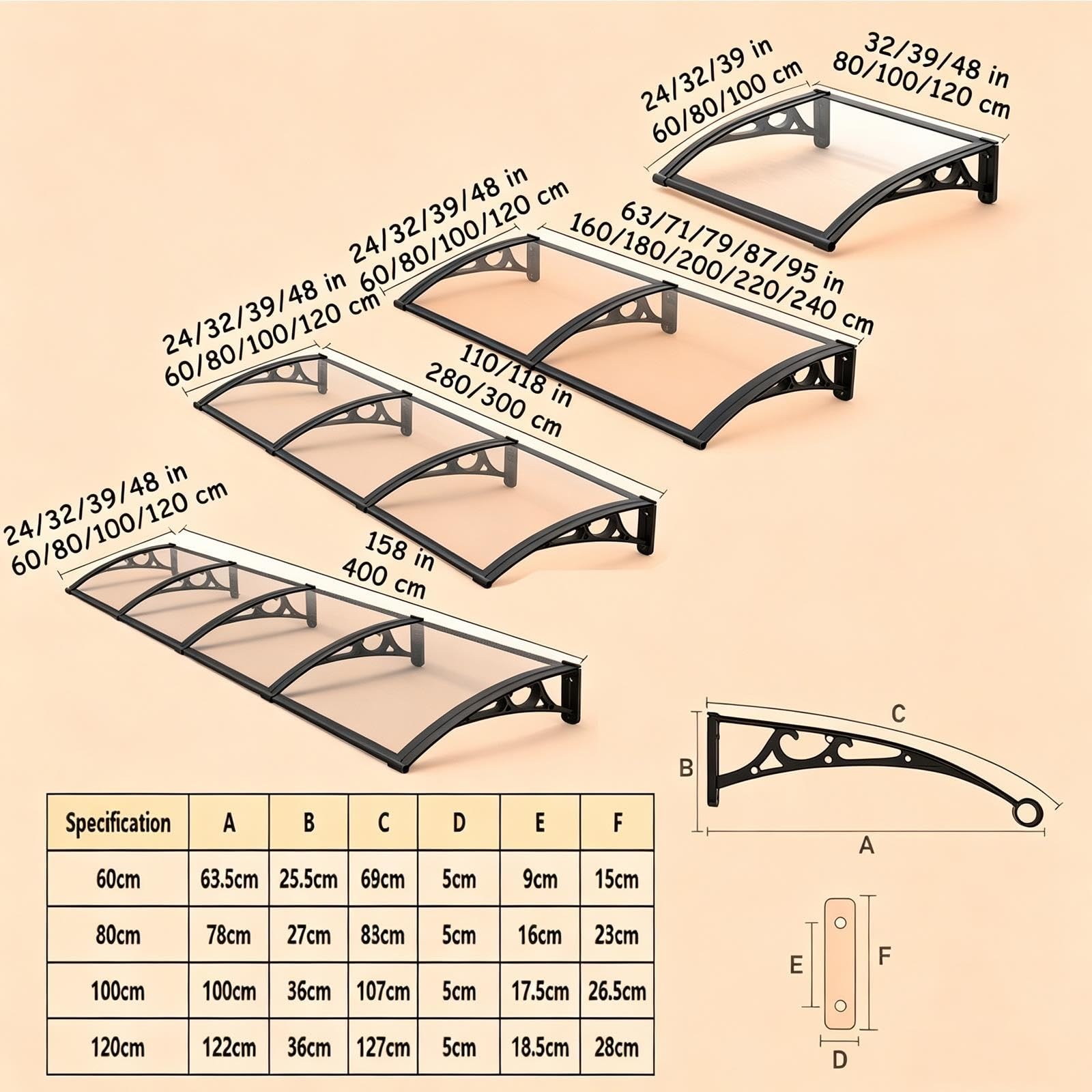 Markiza balkonowa, osłona przeciwdeszczowa balkonowa ze stopu aluminium | 60 x 200 cm, 80 x 200 cm, 100 x 200 cm, konstrukcja z poliwęglanu, duża nośność (80 x 120 cm/32 x 48 cali)