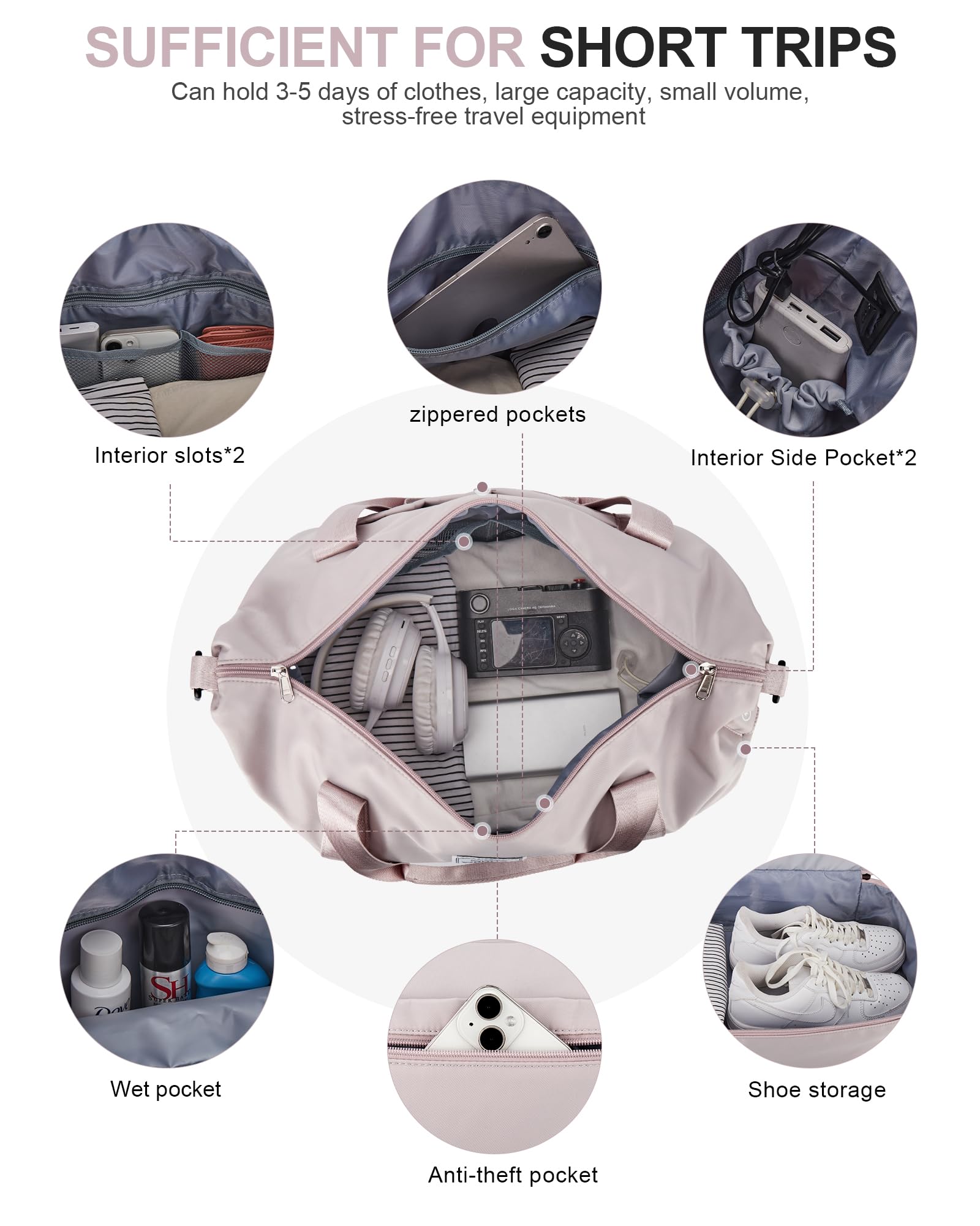 Borsone da Viaggio Donna, Bagaglio a Mano Borsa da Viaggio con Scomparto per le Scarpe, Borsa Sportiva Borsone da Palestra Grande, Borsa da Weekend, Borsa per Ospedale,I7-Rosa viola