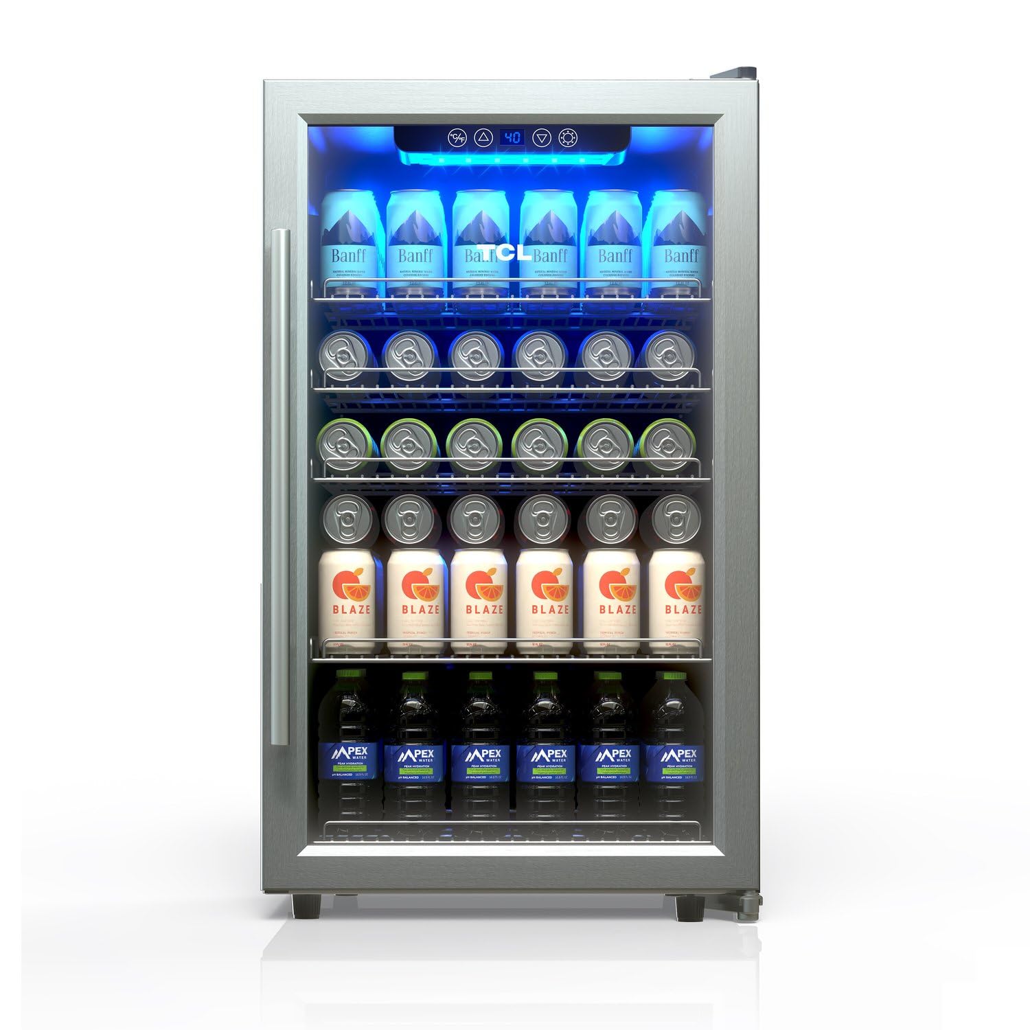 TCL 132 Can 4.24 Cu Ft Beverage Cooler, Freestanding Mini Fridge with Glass Doors, Removable Shelves, Digital Controls & LED Lighting for Water, Soda, Energy Drinks on Fridge.com