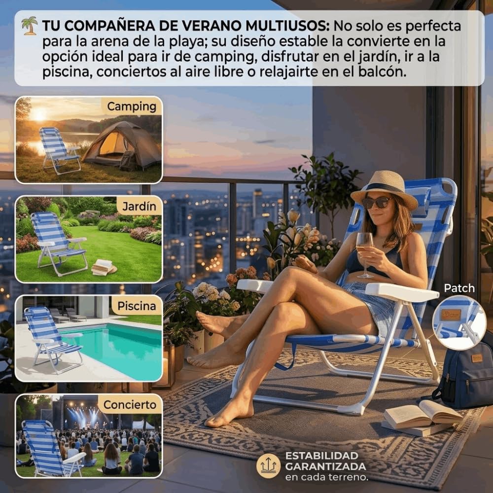 DEVESSPORT Silla de Playa Plegable y Reclinable multiposición, Estructura de Aluminio Ligera (2 kg), Tipo Bolso con Asas, Cojín Reposacabezas, Tela Textileno Transpirable a Rayas (60x50x82 cm)