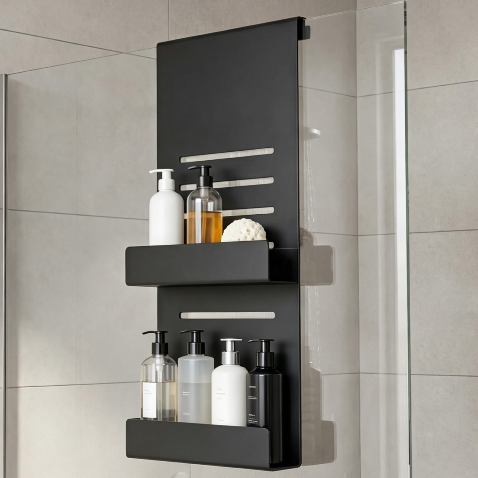 Mai & Mai Organizador Colgante para Ducha, Acero al Carbono, Negro Mate, 60x30 cm, Estantes Ajustables, Sin Taladro – Oryne-01