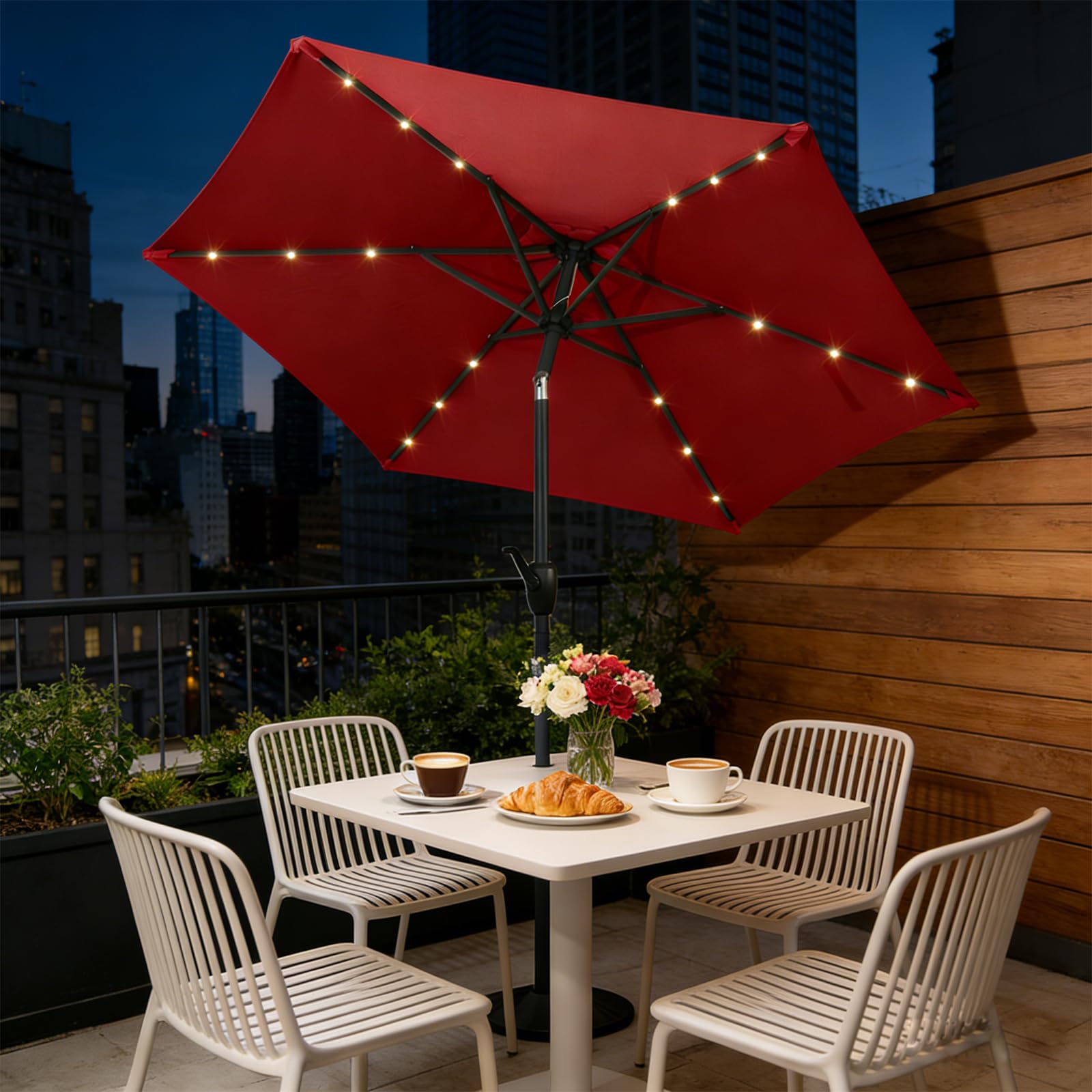 RELAX4LIFE Parasol Inclinable LED 230cm, Parasol de Jardin Extérieur LED, 6 Baleines Robustes, Mât en Métal, Manivelle, Inclinaison à 35°, Protection Solaire pour Balcon Terrasse (Bordeaux)