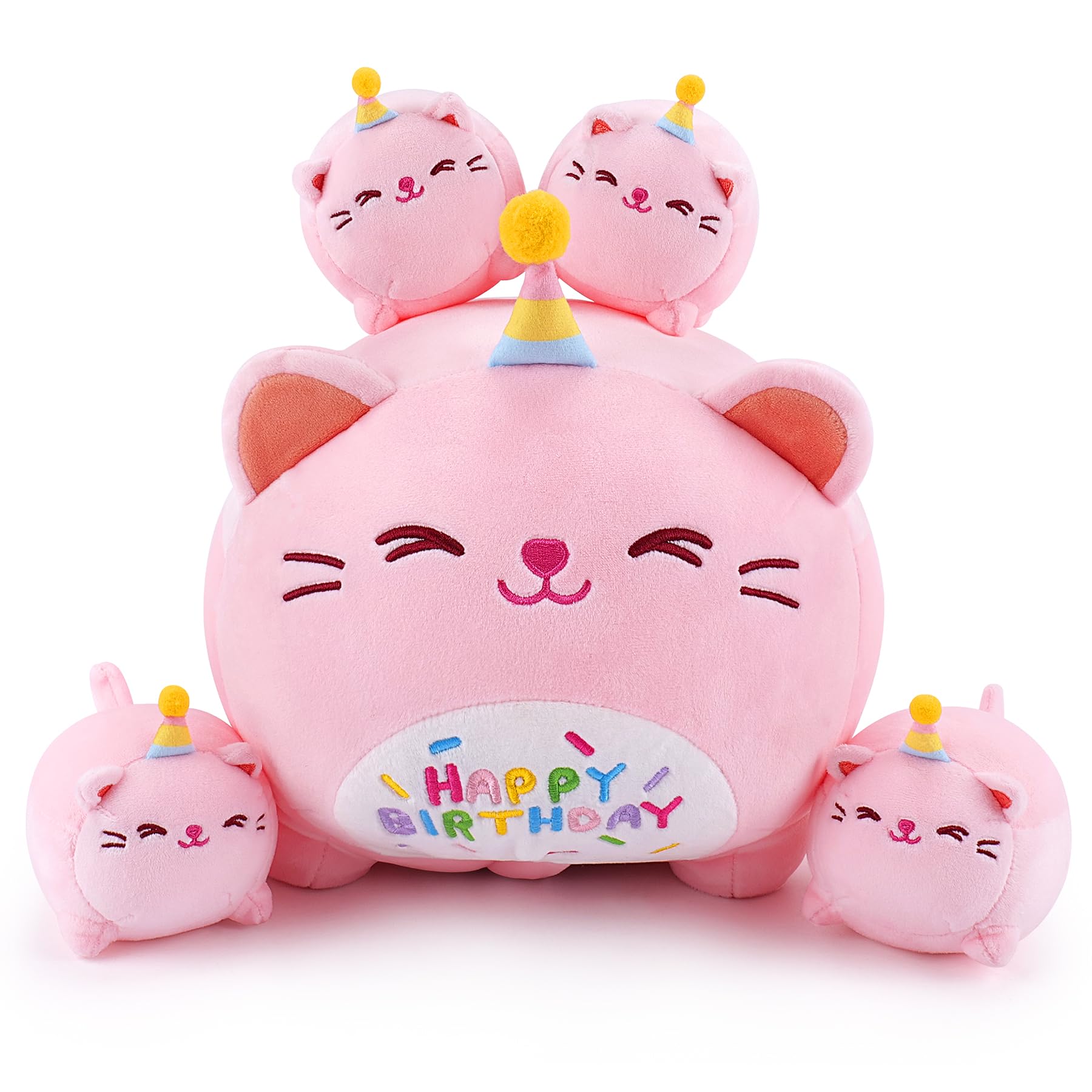 Pink Birthday Cat Plush, 5 PCS Cat Plush Stuffed Animal Family, 16" Pink Cat Mommy White Cat with 4 Baby Kittens Cat Plushies,Kawaii Cat Plush Toy