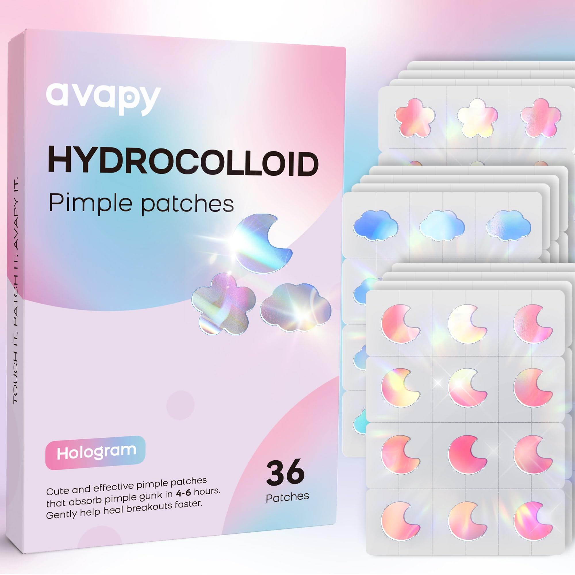 AVAPY Pimple Patches for Face, Cute Hydrocolloid Acne Patches, Colorful Hologram Flower Sport Stickers, Zits & Blemish, Pimple Patch with Salicylic Acid, Blue Pink Moon Cloud Flower (36 Count)