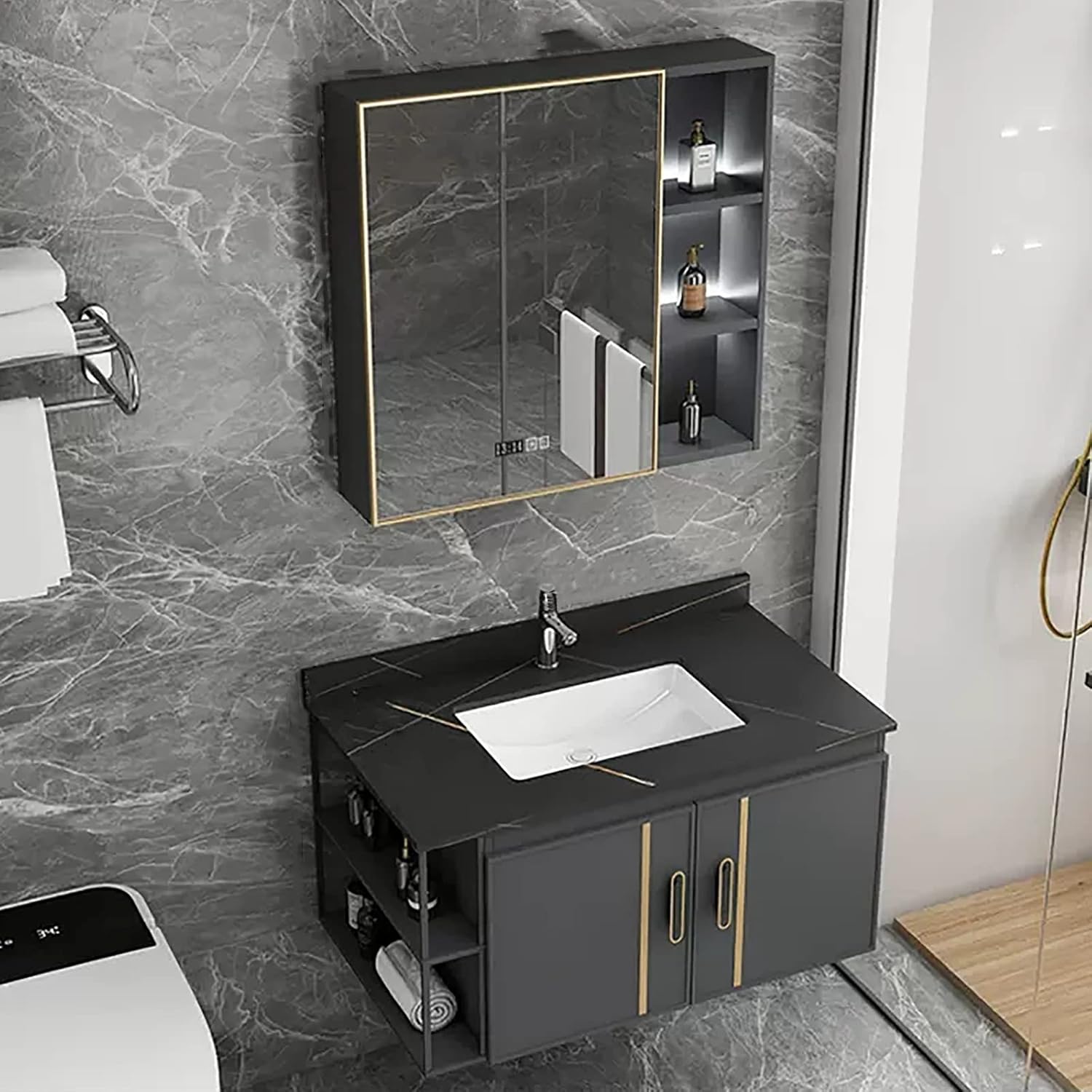 Amazon.co.jp ミラーキャビネット付きの洗面化粧台キャビネット、2つのドア付きのバスルーム収納キャビネット、シンク付きのスペースアルミニウム製の洗面化粧台、セラミックシンク