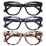 KSSESSE Reading Glasses for Women Men Square Oval Readers with Spring Hinge Thick Frame Style (Black/Demi White/Demi Blue-Clear Lens, 0.75, x)