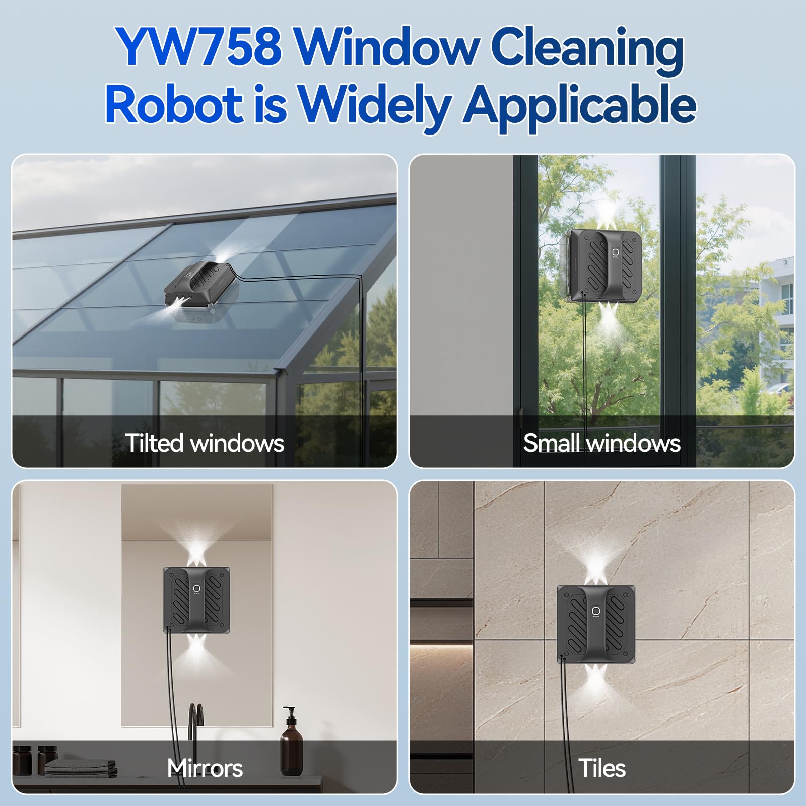 Robot nettoyeur de vitres avec 6 buses d'eau, puissance d'aspiration 8000 PA et technologie de détection des bords, robot nettoyeur de vitres automatique avec 4 modes de nettoyage et système Robot nettoyeur de vitres avec 6 buses d'eau, puissance d'aspiration 8000 PA et technologie de détection des bords, robot nettoyeur de vitres automatique avec 4 modes de nettoyage et système