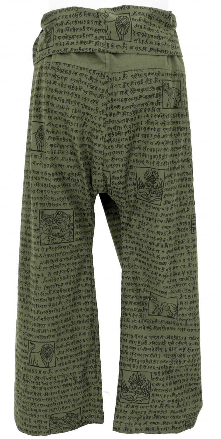 GURU SHOP Pantalones de pescador tailandeses con estampado de mantra de algodón tejido, pantalones de yoga, para hombre/mujer, verde, talla: talla única