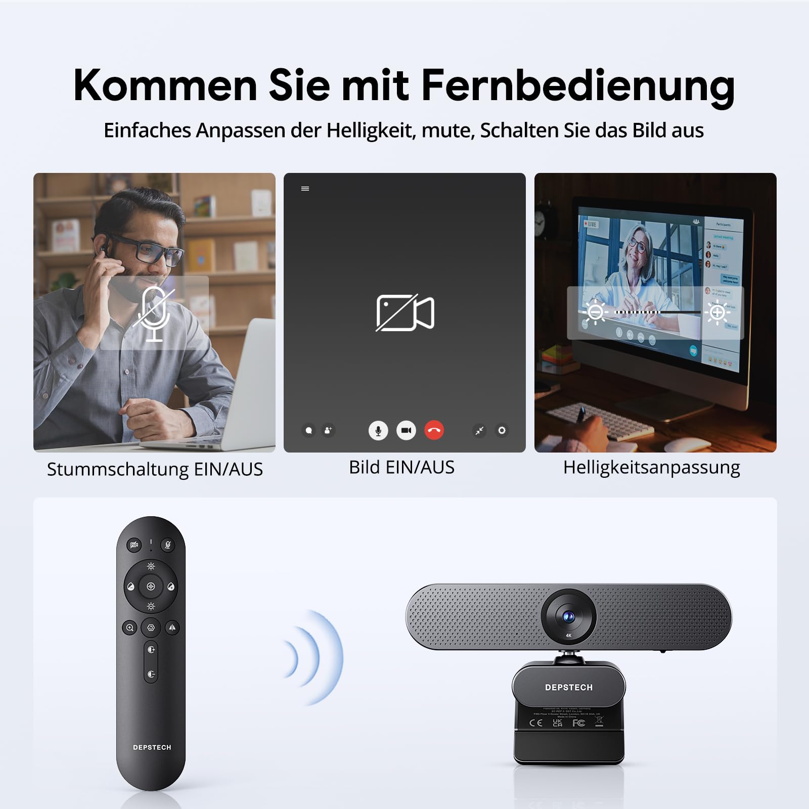 DEPSTECH DW50 Pro Webcam 4K, Ultra HD mit Mikrofon, 3-facher Zoom, 1/2.55 Sony Sensor, Duale Mics mit Geräuschunterdrückung, Fernbedienung, Autofokus Streaming Kamera für PC Laptop Mac, Teams