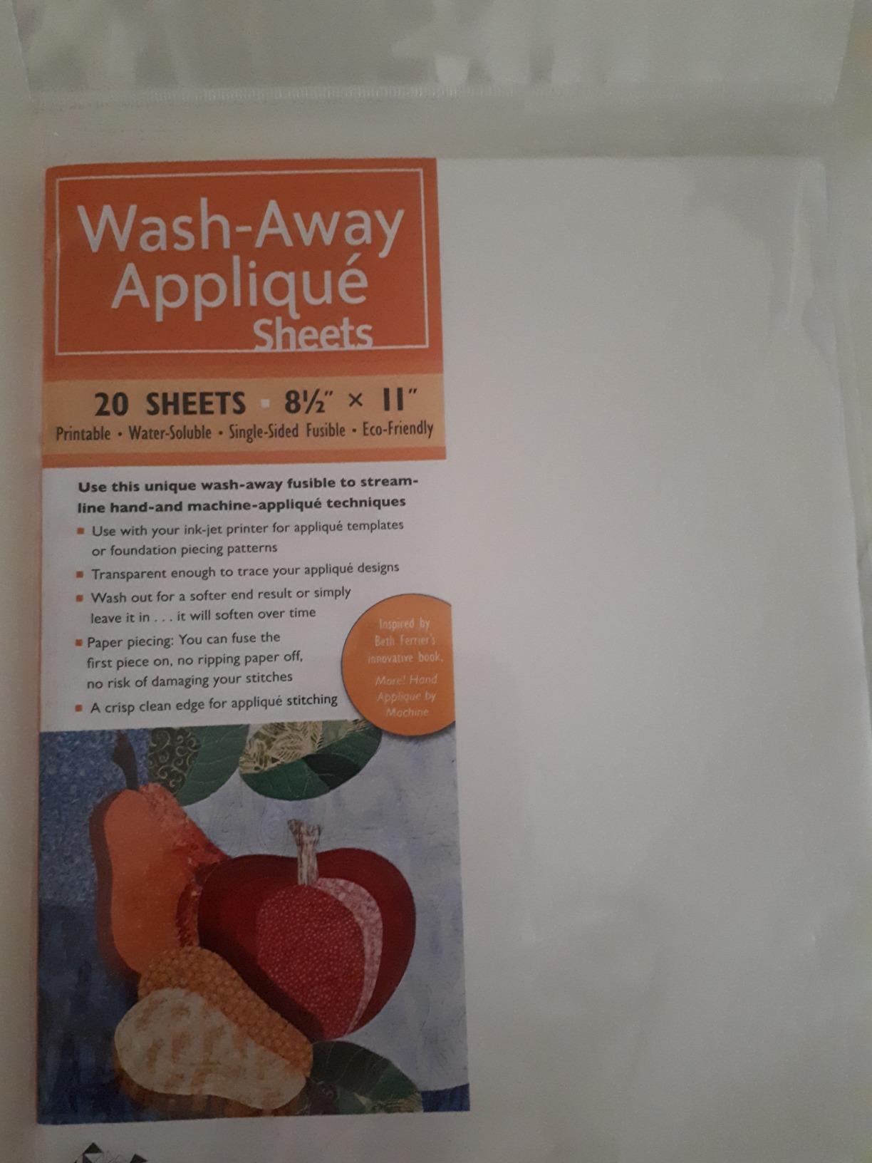 WashAway Appliqué Sheets 15 Sheets • 8 1/2” x 11” • Printable • Water