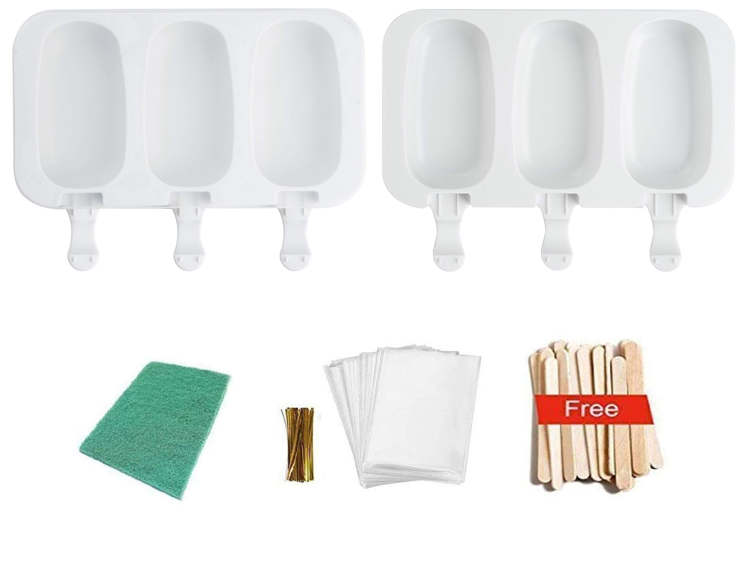 Pack of 2 ,3 Cavities Silicone Cute Ice Pop Mold with Lid,Ice Cream Maker Mold Cute Popsicle Mold with 60 Sticks and Scouring Pad