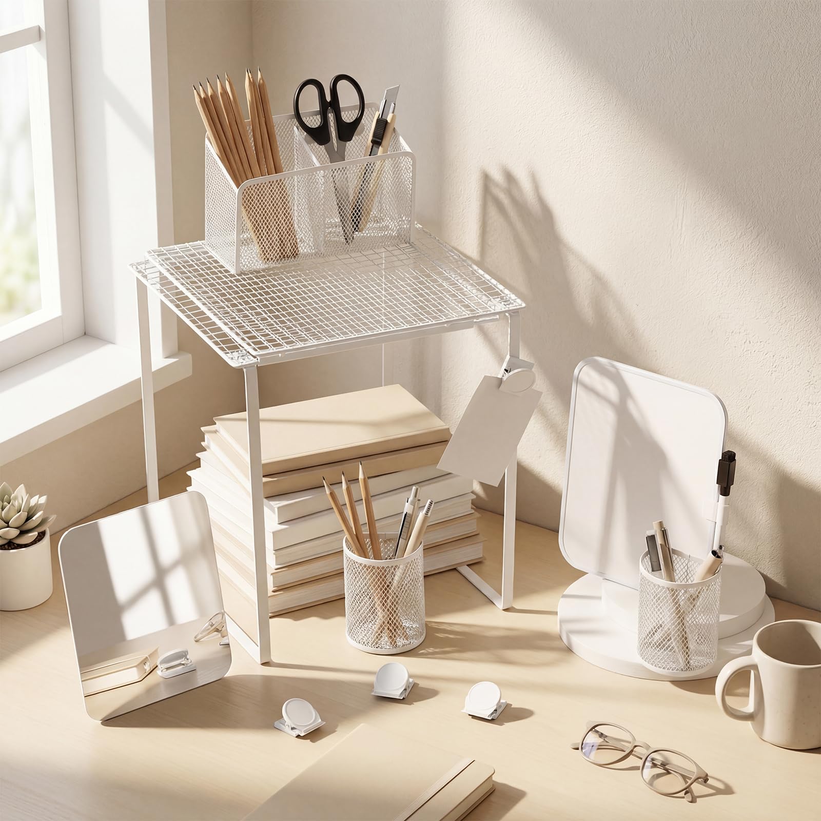 Colarr Étagère réglable pour casier avec accessoires magnétiques, étagère réglable de 26,1 à 38,1 cm avec porte-stylos magnétiques, étagères miroir pour casiers de salle de classe et d'école (blanc)
