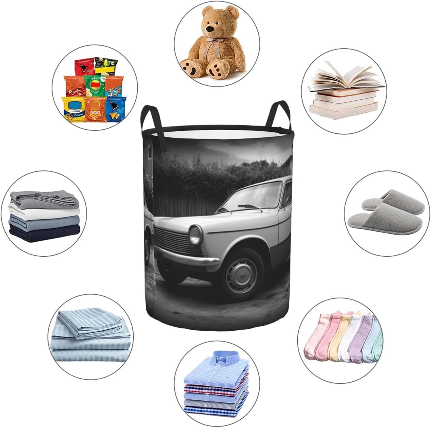 classic car print Circular Hamper Waterproof Storage Bin Organizer Basket Laundry Hamper With Handles For Clothes Toys Small