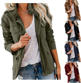 Womens Military Jacket Zip Up Snap Button Fall Jackets Lightweight Safari Utility Anorak Coats Outwear with Pocket