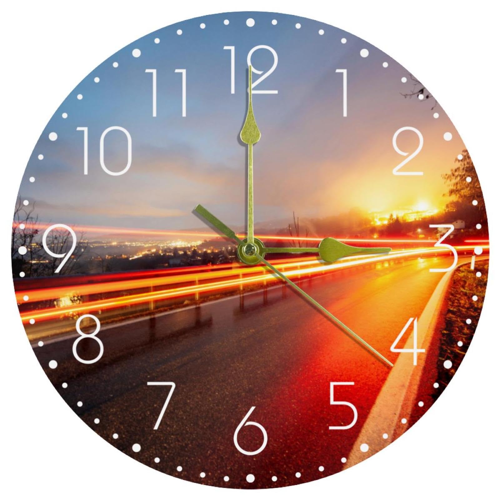 Horloge murale ronde paysage urbain et coucher de soleil silencieuse grand format