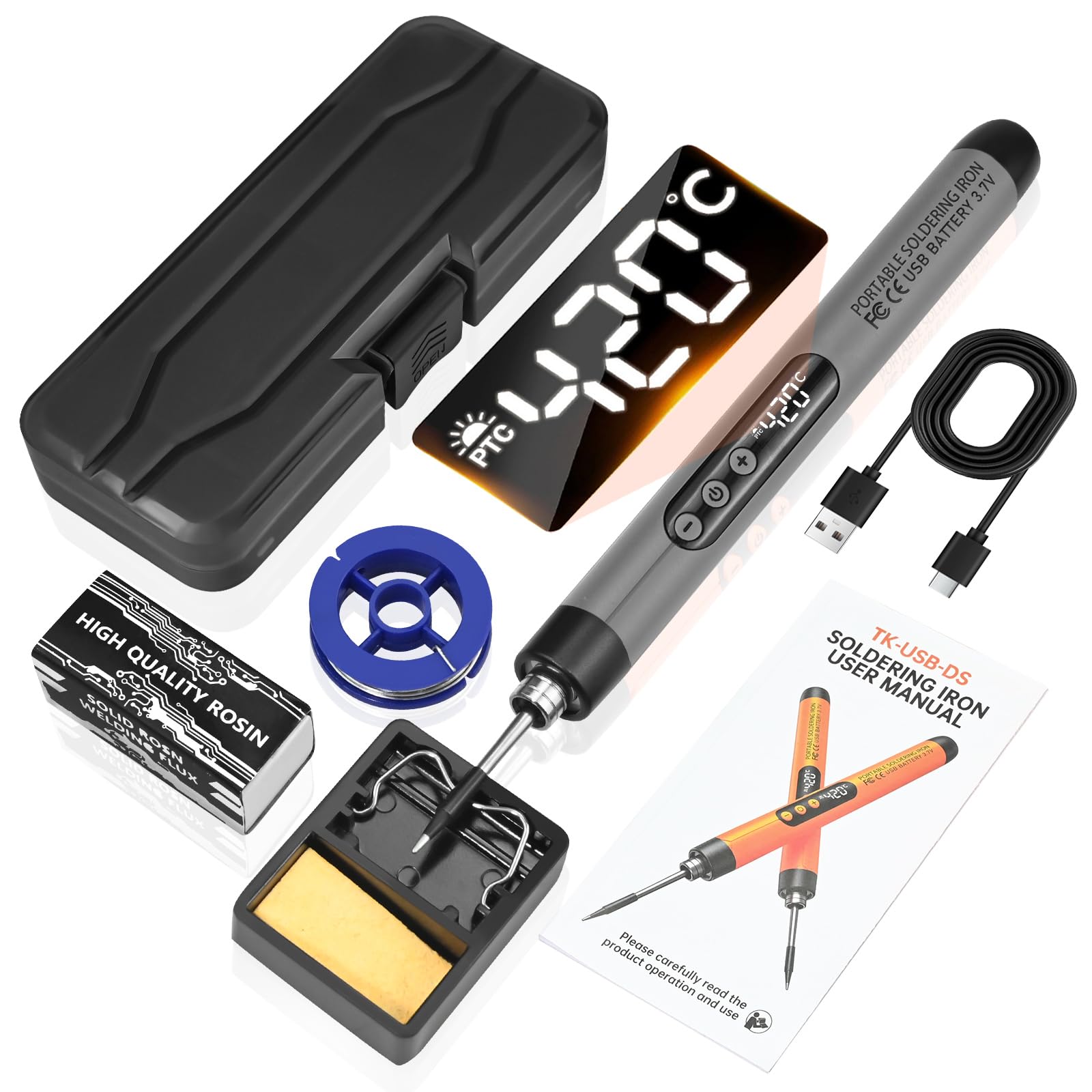 Cordless Soldering Iron Kit with LCD Display - Rechargeable USB C Soldering Iron Adjustable Temperature 260℃-420℃,Portable Soldering Irons 1000mAh WeldingKit,Electric Soldering Irons Pen (Grey) — image 1
