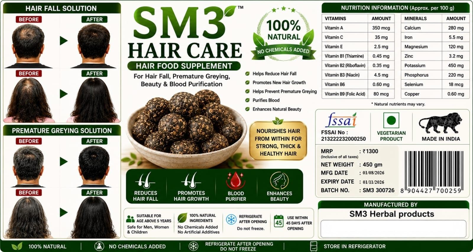 SM3 Hair Care Natural Hair Growth laddu 450g | Reduces Hair Fall, Prevents Premature Greying, Suitable Above 5 Years-image-46