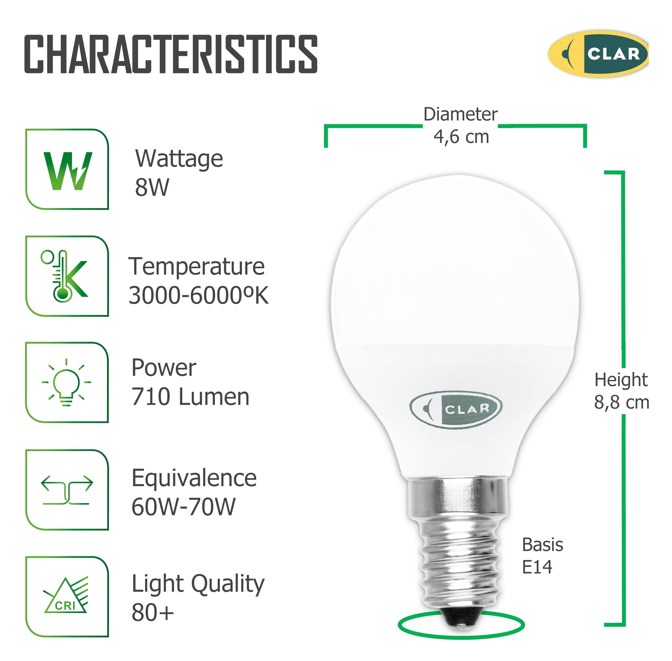 CLAR - Lampadine a LED E14 8W, Led Sfera Luce, E14 Lampadine, Lampadine Senza Fili, Lampade Led Piccole, Lampadine Led Luce Calda E14 8W (Pack 100)