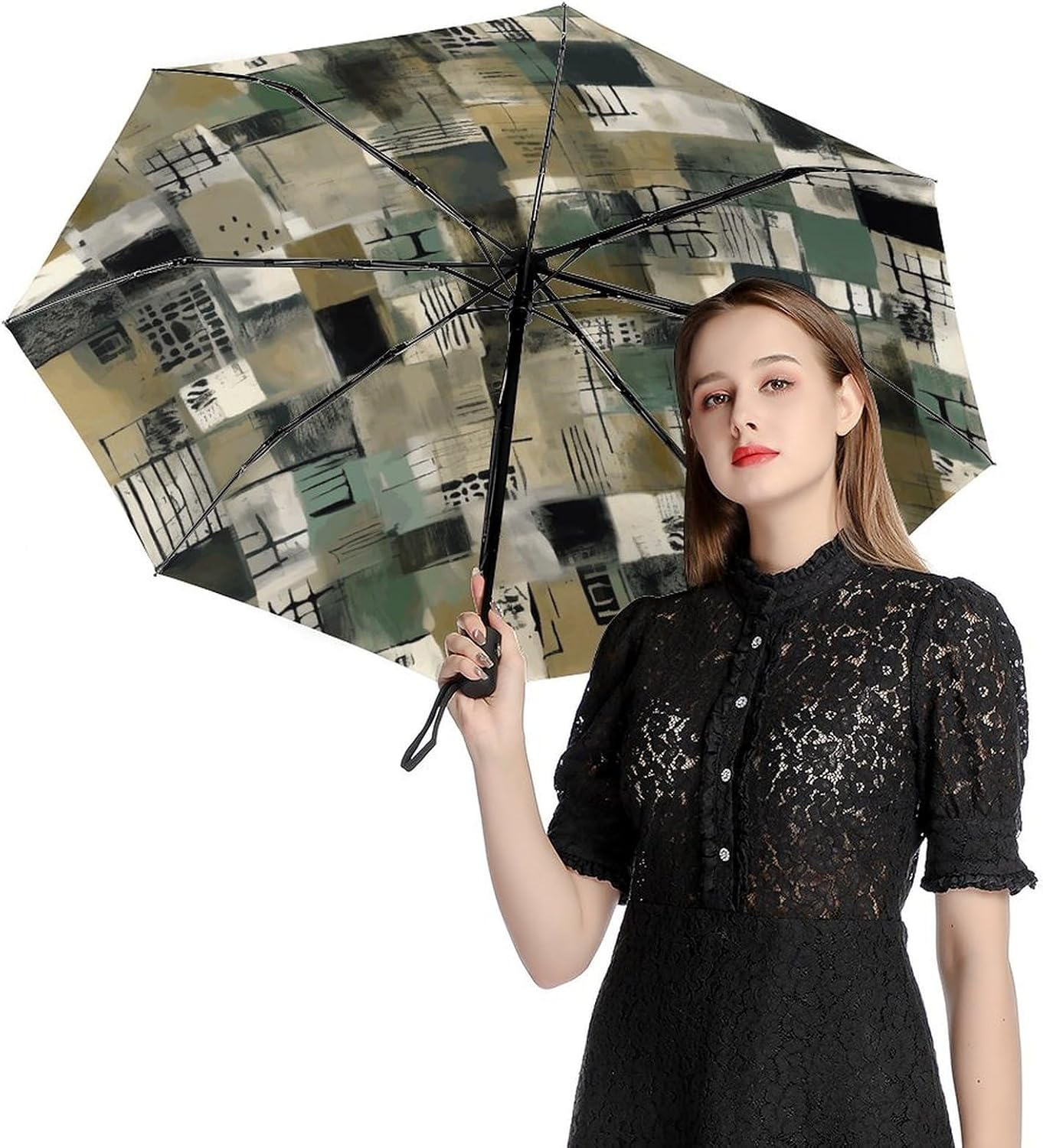 Green Style Pattern Travel Umbrella Portable Compact Umbrellas, Lightweight & Packable Automatic Folding Umbrella for Women And Men