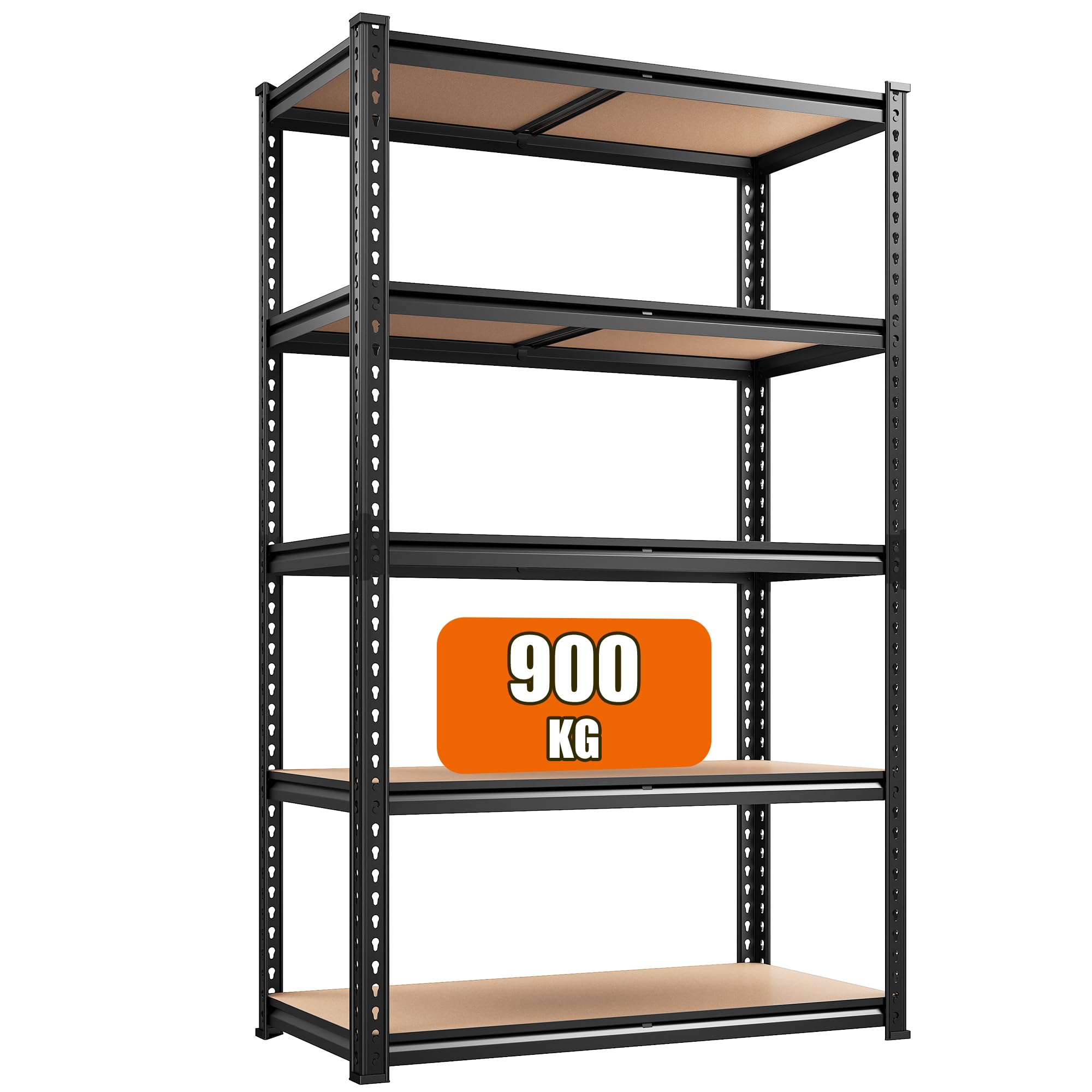 REIBII 5-Tire Metal Garage Shelving Units, 90WX40.4DX183.5Hcm - 900KG Load Heavy Duty Shelving Units, 180kg Load Per Shelf, Metal Shelving with MDF Board, Easy To Assemble, Warehouse, Office, Black