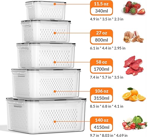 Miniatura 2 de 5 recipientes grandes de almacenamiento de frutas para refrigerador con coladores extraíbles, recipientes herméticos de almacenamiento de alimentos