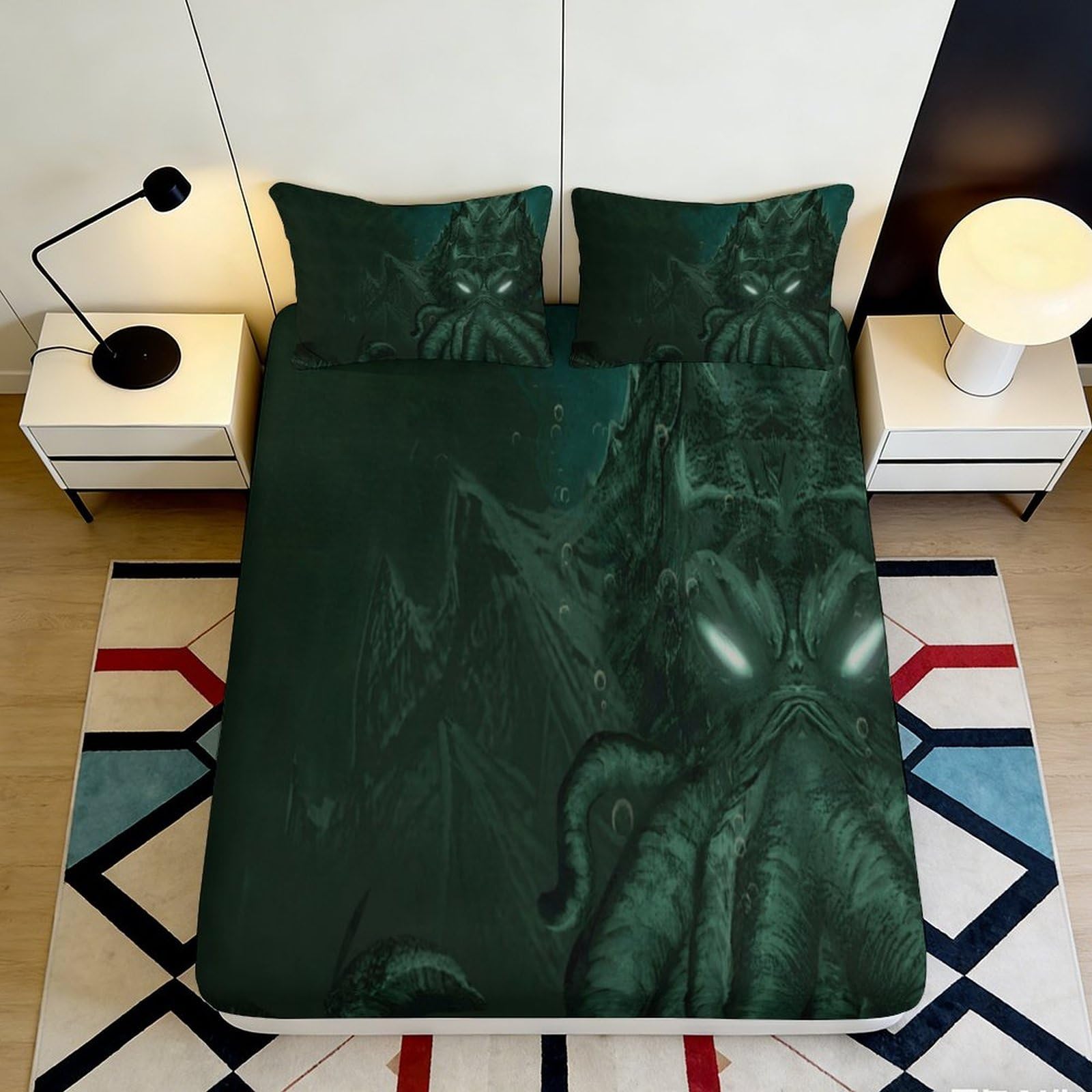 3D Printed Cthulhu Pattern Fitted Sheet Microfiber Deep Pocket Non-Slip Cthulhu Style Mattress Fitted Cover for Bedroom Bedding Set Adults Teens120 160x200x25cm