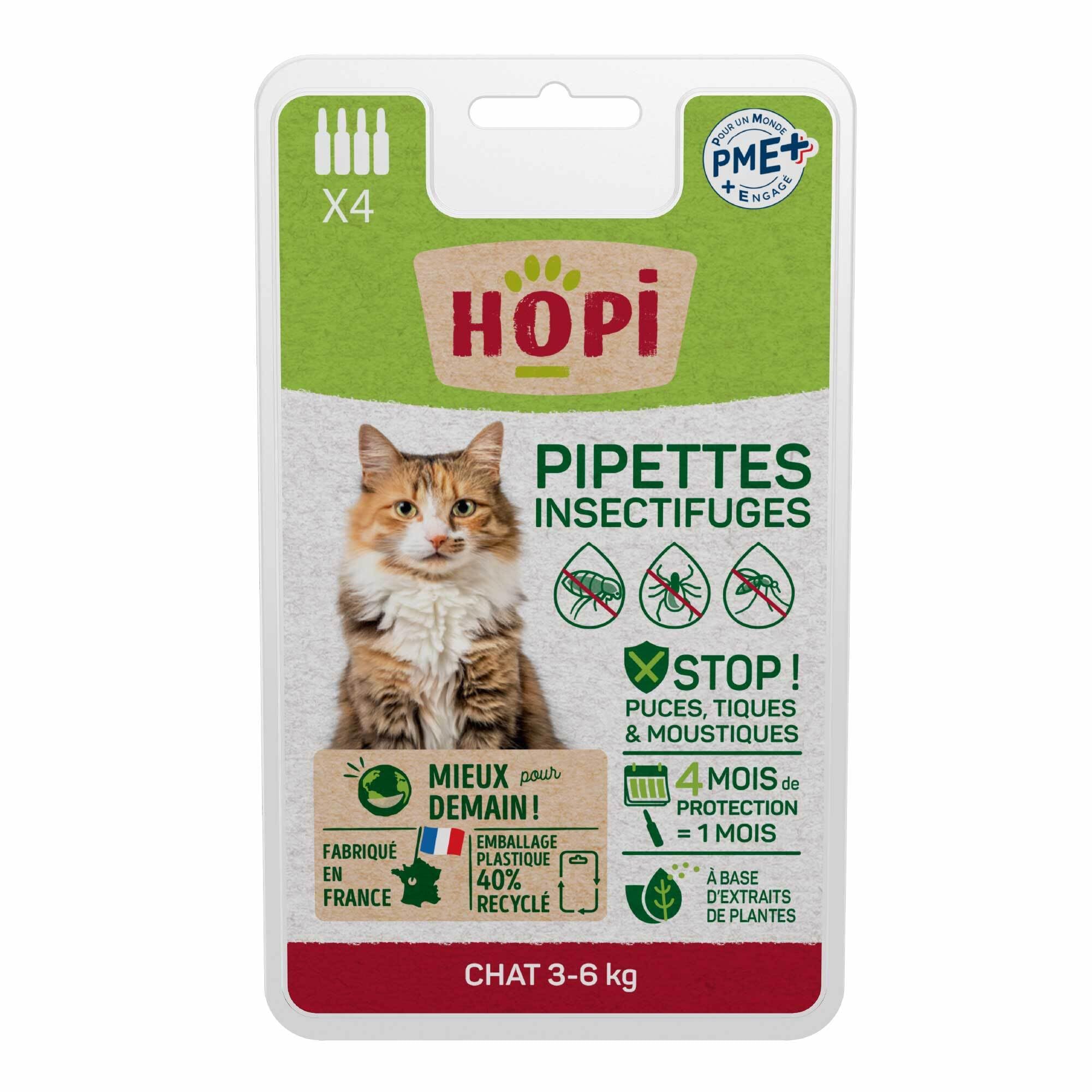 HOPI Pipette Anti Puces Chat de 3 à 6 kg - 4 Mois de Protection Contre Les Puces, Les Tiques et Les Moustiques - Extraits de Plantes - Pratique et Facile - Fabriqué en France