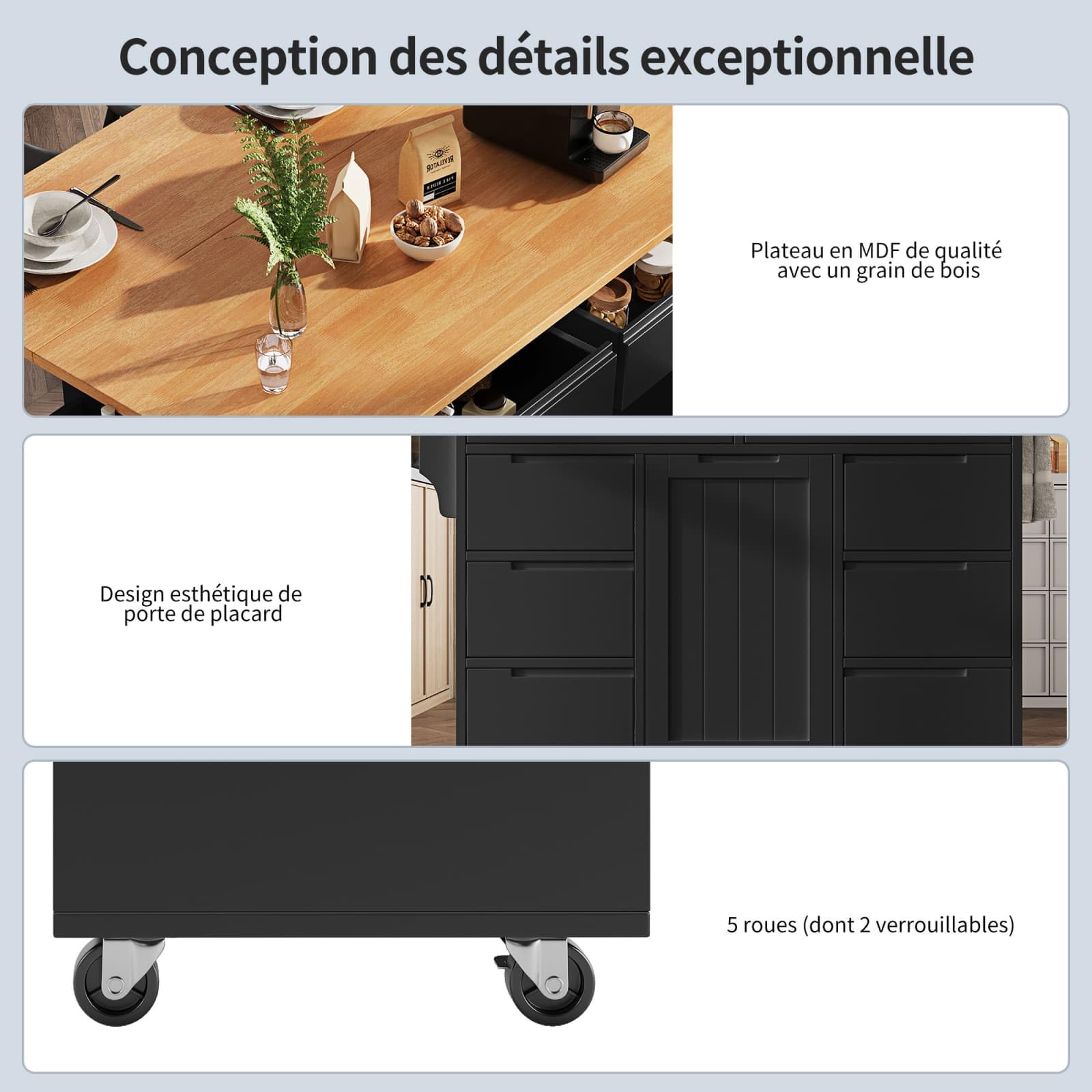 KOMHTOM ilot de Cuisine, ilot Central Cuisine, Chariot de Salle à Manger, Porte-Serviettes Latéral, Séparateurs Réglables, Plateau de Table Pliable, 2 Tiroirs, 4 Portes (Noir-7)