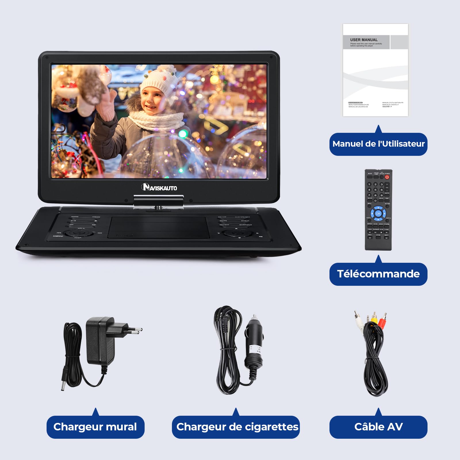 NAVISKAUTO 17,5'Lecteur DVD Portable Voiture, supporte HDMI Input, 1080P Vidéo Full HD, AV in/Out, Lecteur DVD Portable avec Sacoche de Transport Grand Ecran pour Enfant