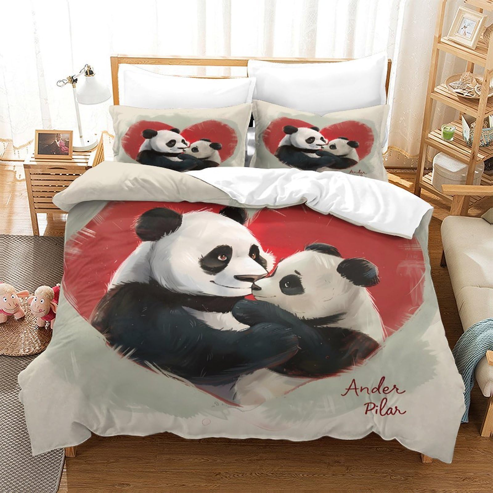 Panda-Pärchen umarmt Bettbezug Weich Reißverschluss Hautfreundlich Schlafkomfort Bettdeckenbezug 3D Gedruckt 3 Teilig Mikrofaser mit Kissenbezug Kuschelig for Teen Jungen & Männer