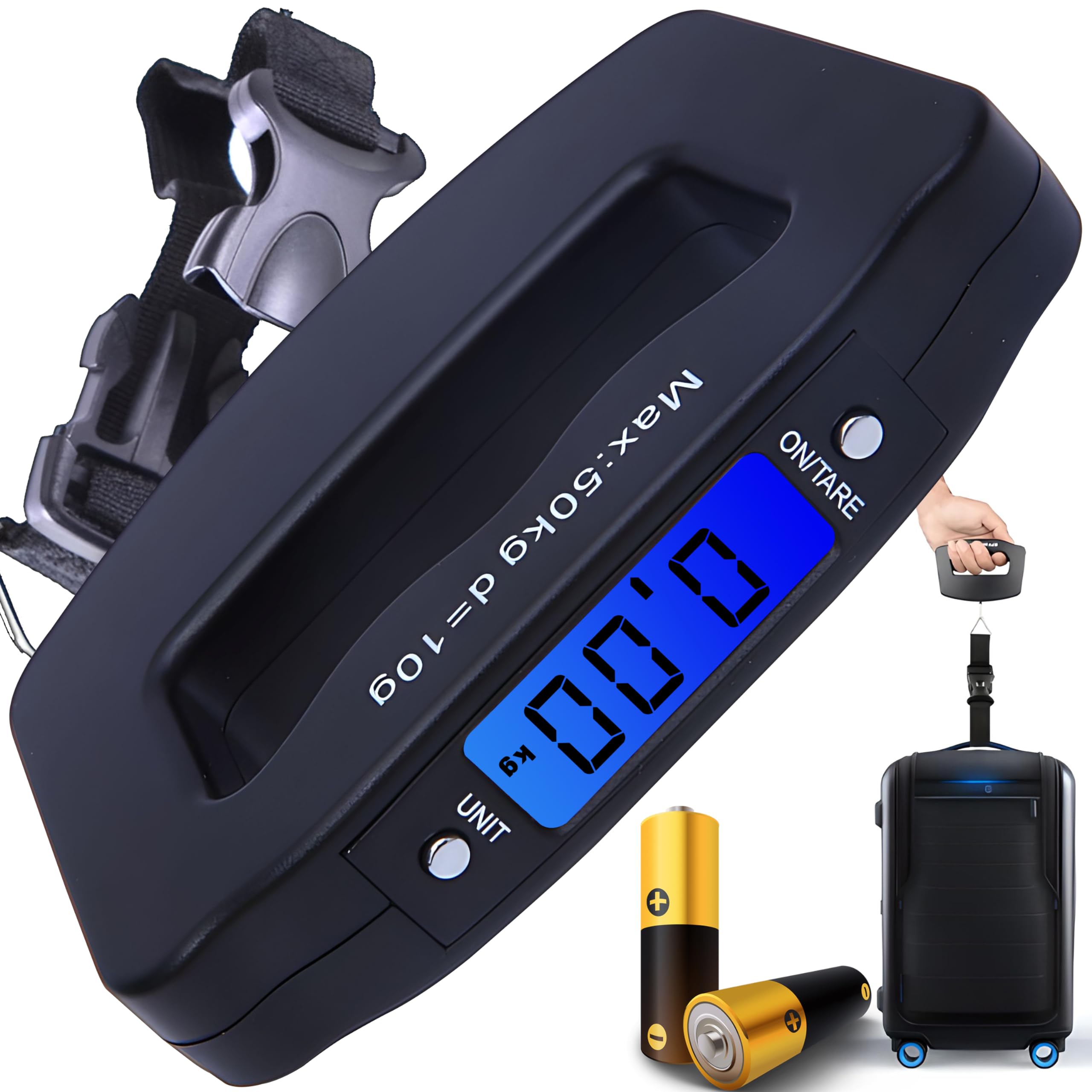 Retoo Cyfrowa waga bagażowa, wyświetlacz LCD, podświetlenie tła LCD, przenośna waga wisząca do walizek, ryb i toreb do 50 kg, funkcja tara, praktyczna w podróży, na baterie, stal nierdzewna, czarna