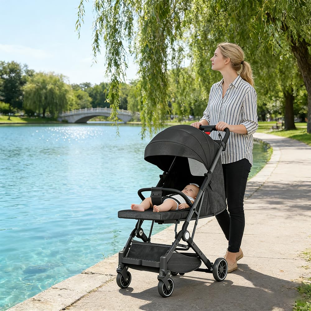 Ultra kompaktowy, wygodny i lekki wózek, od urodzenia do 4 lat, 0-15 kg, uniwersalne siedzisko dla wszystkich stopni (czarny)