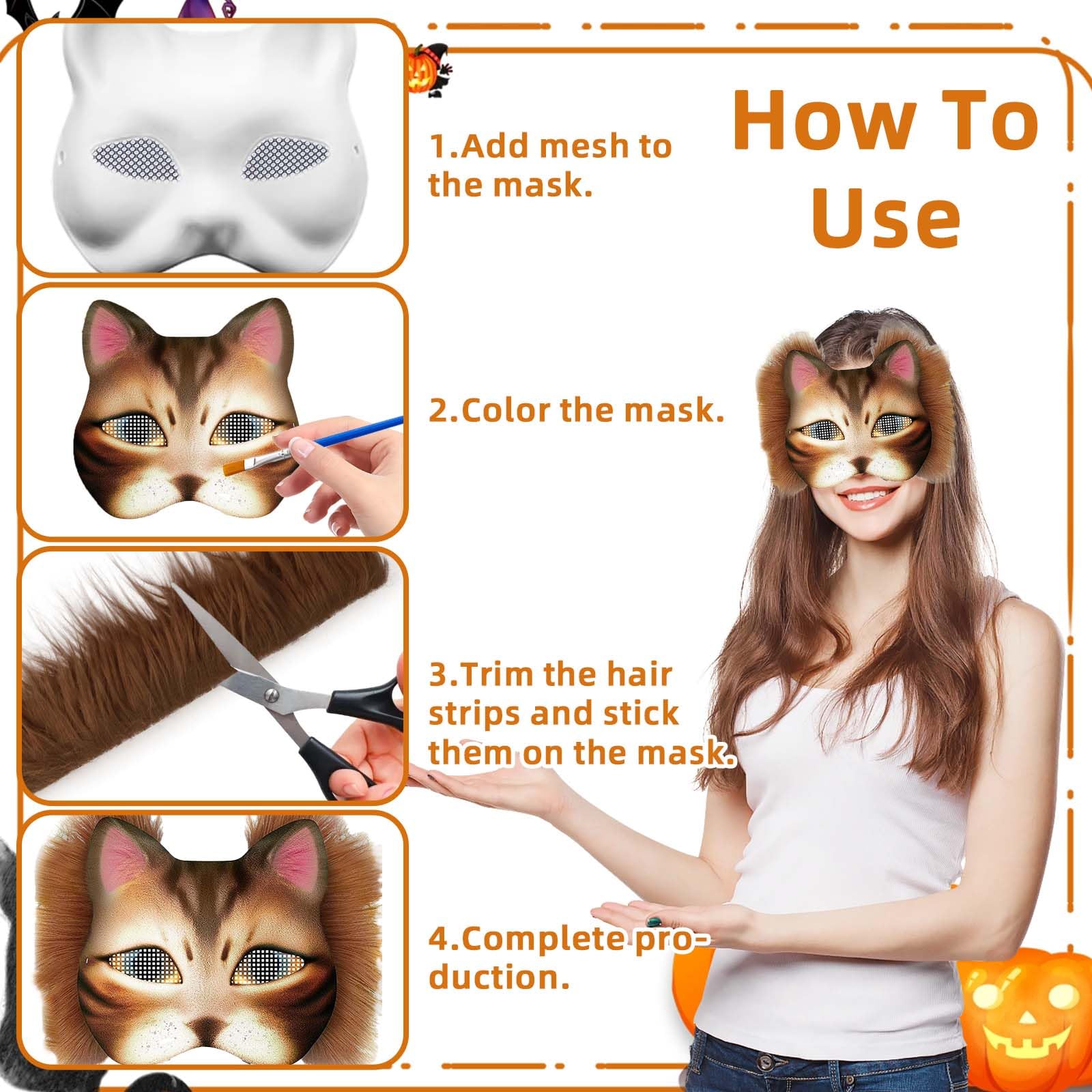 Máscaras de gato DIY 6 unidades con accesorios completos, máscaras blancas para pintar con pinceles, purpurina y pinturas, tamaño ajustable, manualidades creativas para fiestas y disfraces