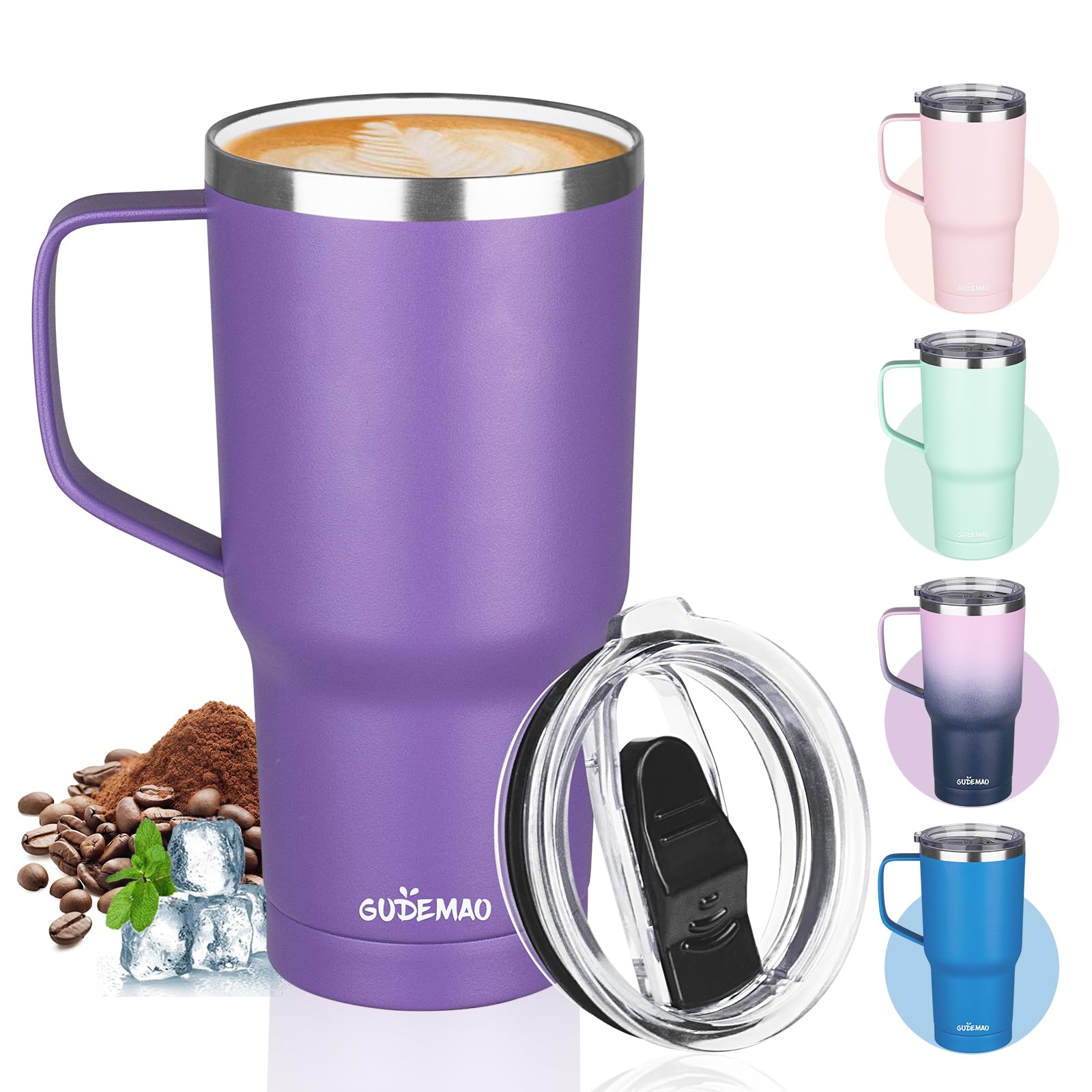 20 oz Insulated Coffee Mug with Ceramic Coating, Stainless Steel Travel Mug Tumbler with Handle Lid and Straw, Double Wall Leak-Proof Thermos Coffee Travel Mug Keeps Drink Hot and Cold (Purple)