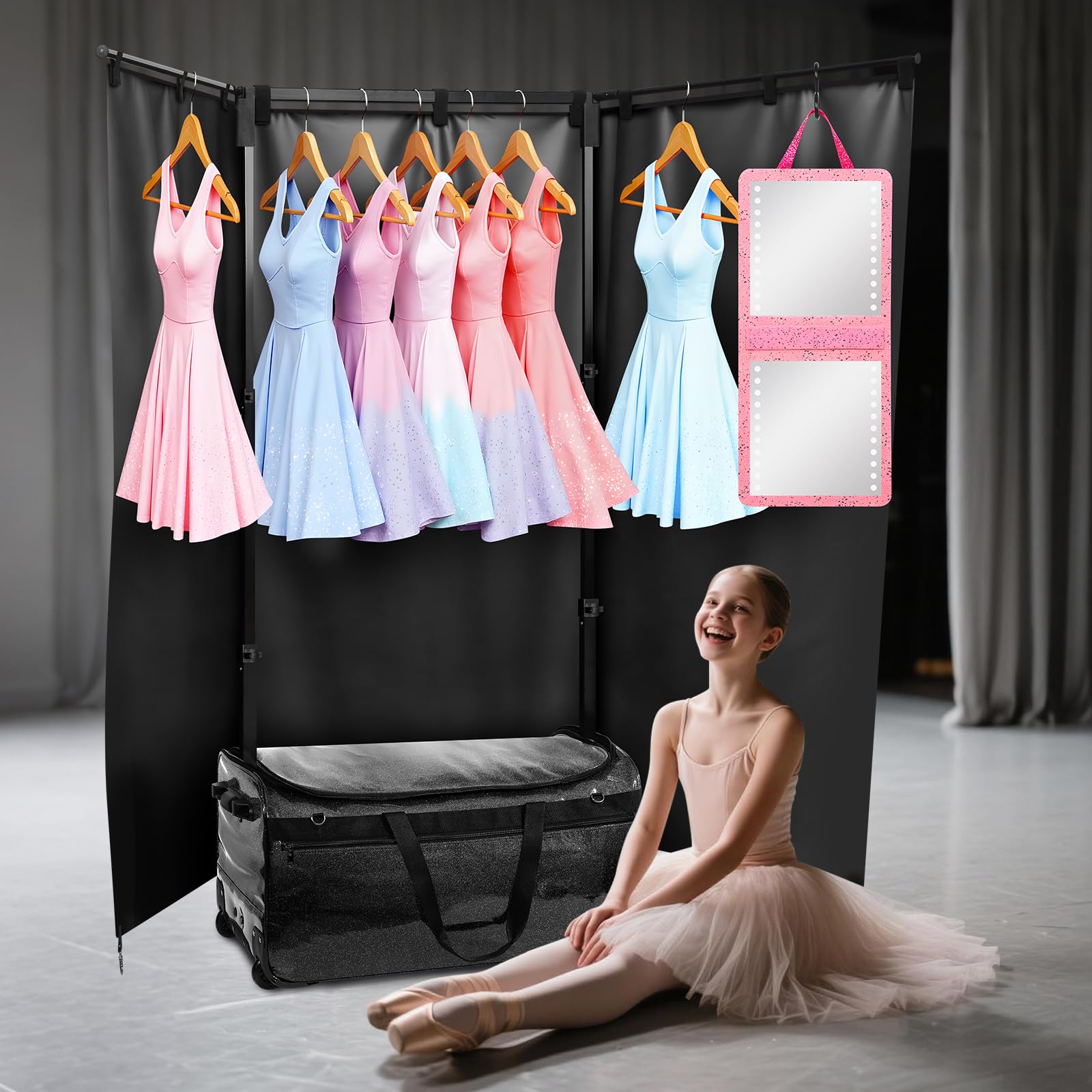 Sac de danse avec porte-vêtements - Grand sac à vêtements de danse avec roulettes pour danseuses / filles / femmes - Sac de voyage pliable - Indispensable pour les compétitions de danse, Noir - 71 cm