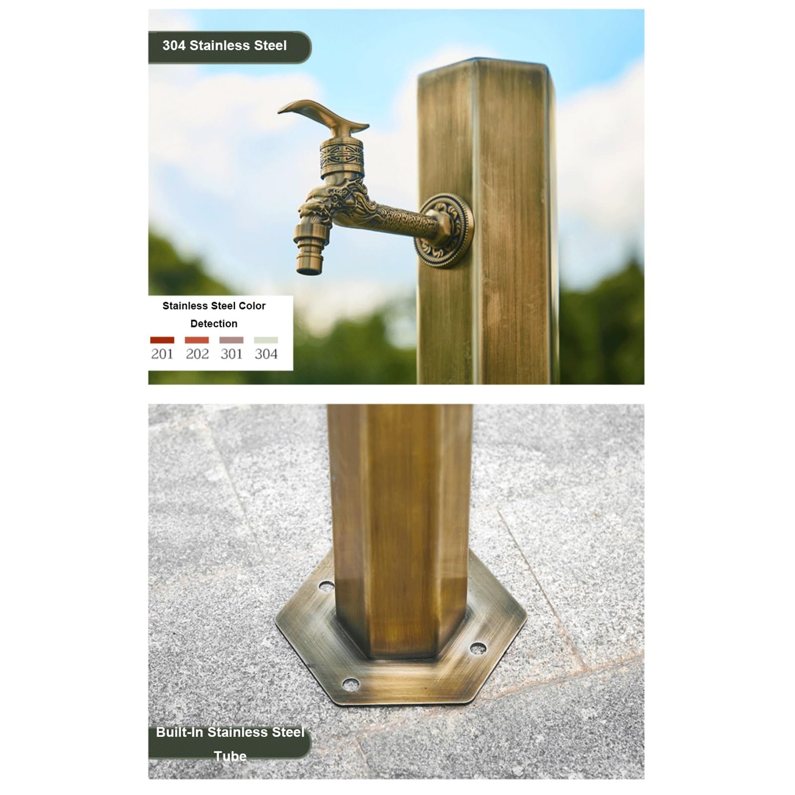 Colonna d'acqua da giardino in acciaio inossidabile antico da 19,7'', rubinetto verticale esagonale, fontana decorativa, erogatore d'acqua, idrante