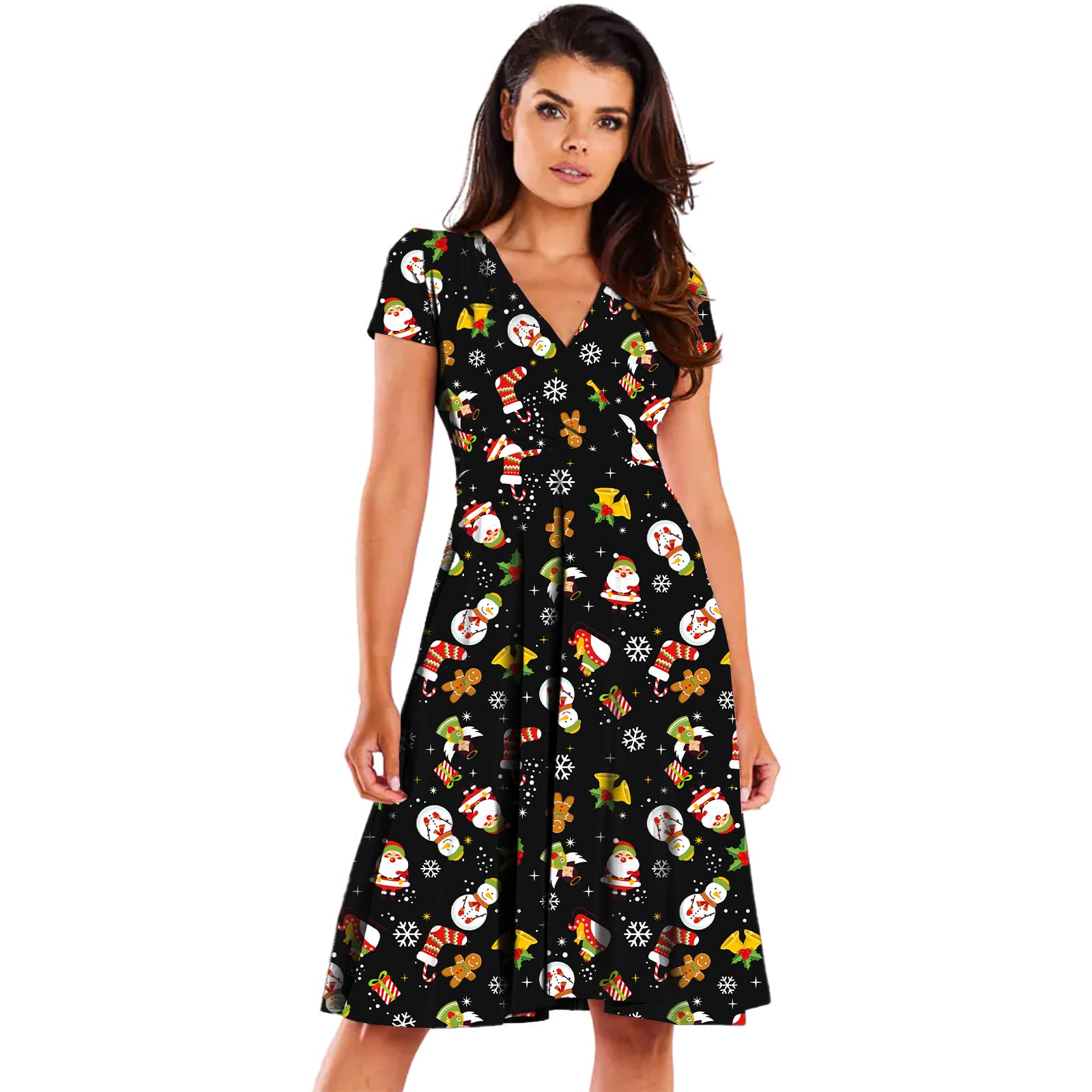 Netsetuk Women's Black Angel And Snowman Print Christmas Midi Dress Santa Xmas Reindeer Snowflake Gingerbread Tree Printed Novelty Swing Dress