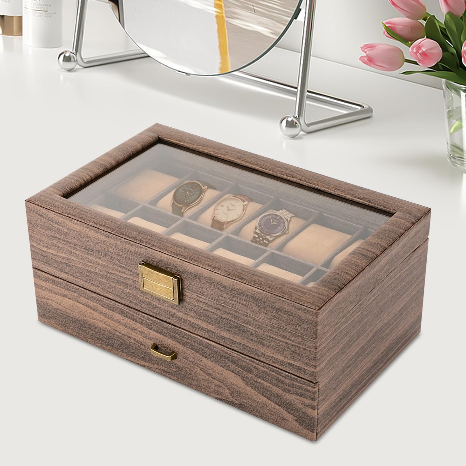 Caja para relojes con 24 compartimentos de madera, organizador para hombres y mujeres, hoja de cristal para guardar relojes, caja de almacenamiento para relojes y joyas, caja de regalo, 34 x 21 x 15